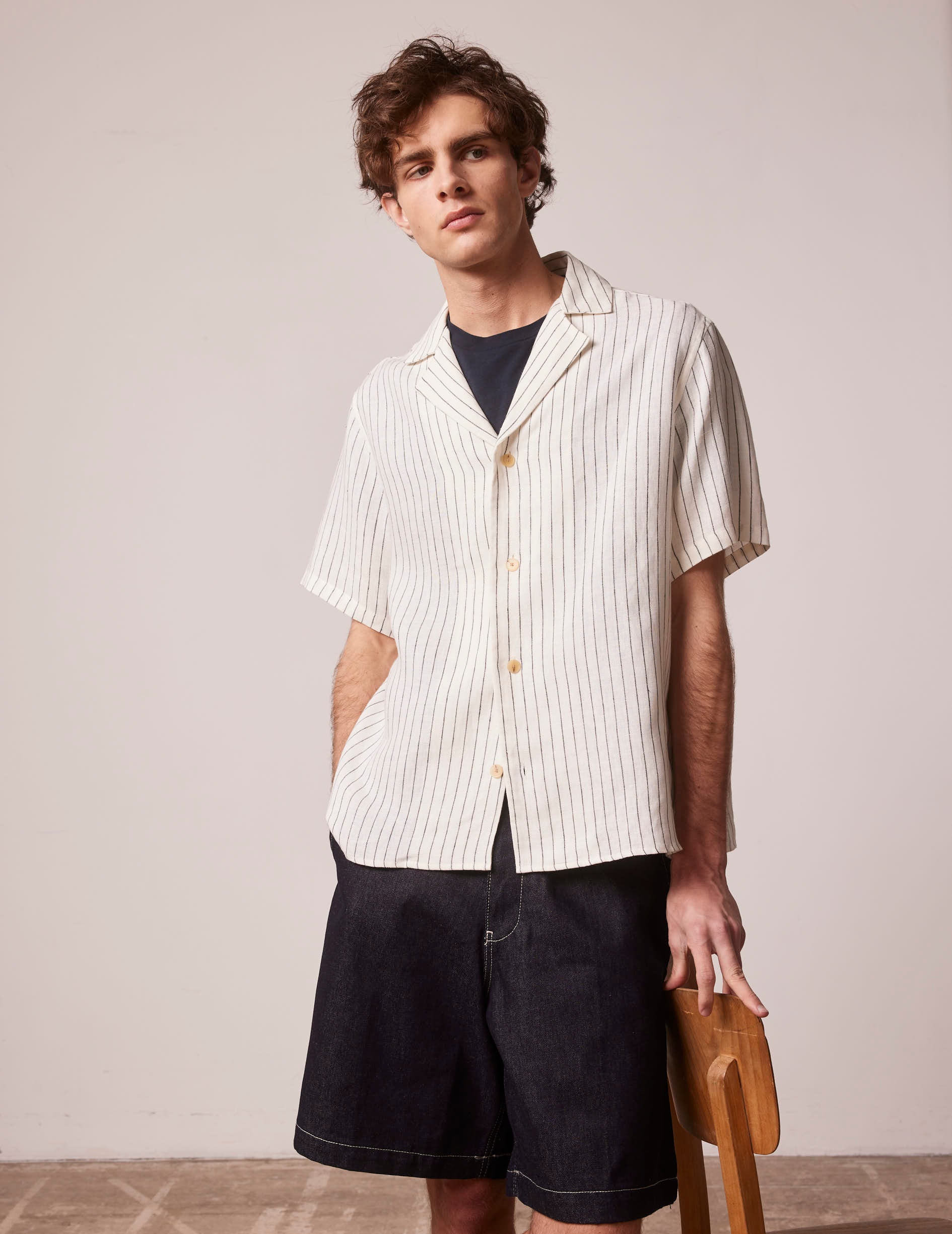 Short sleeve black striped linen Leandre shirt - Linen - Pyjamas Collar