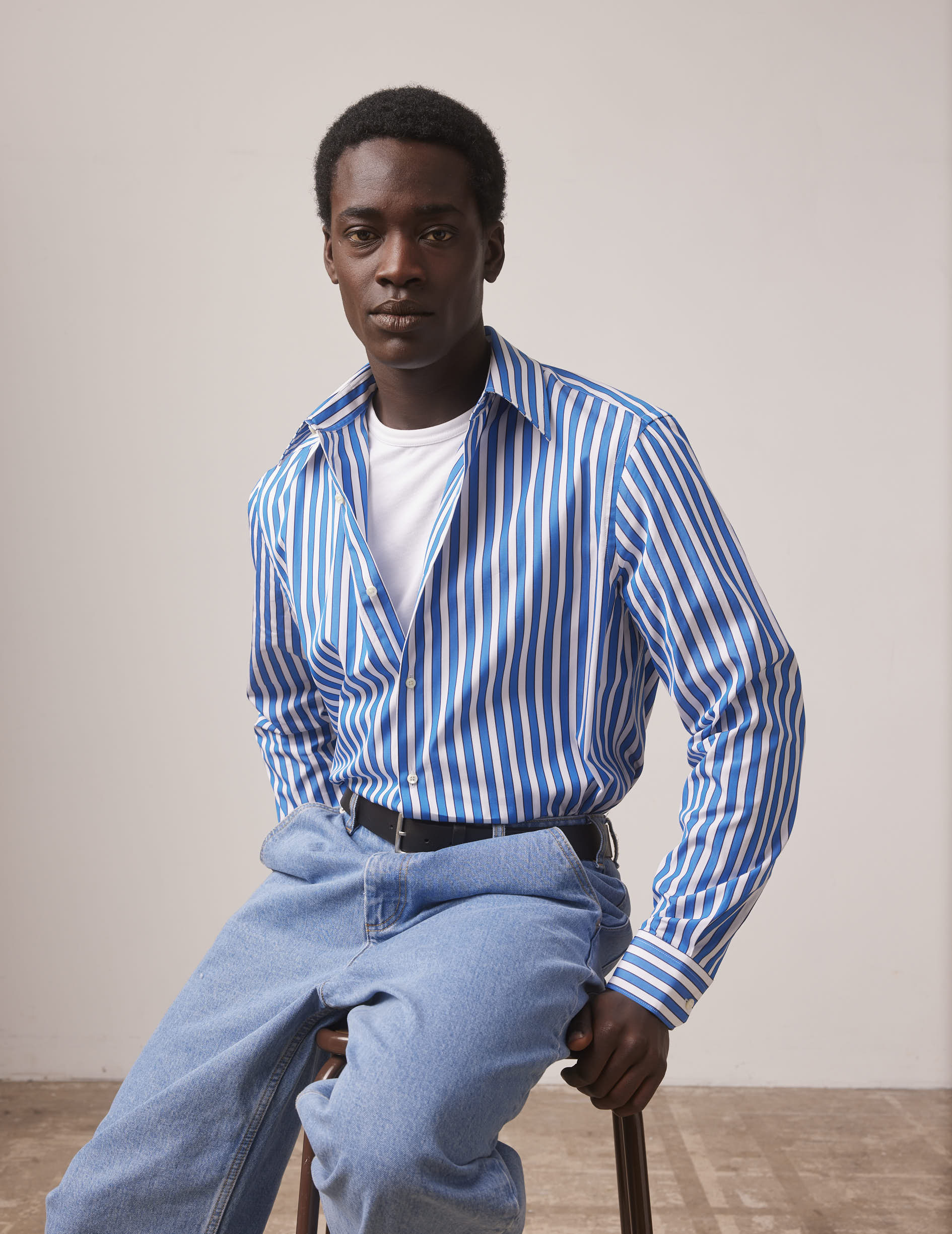 Chemise semi-ajustée rayée bleue - Popeline - Col Majestueux