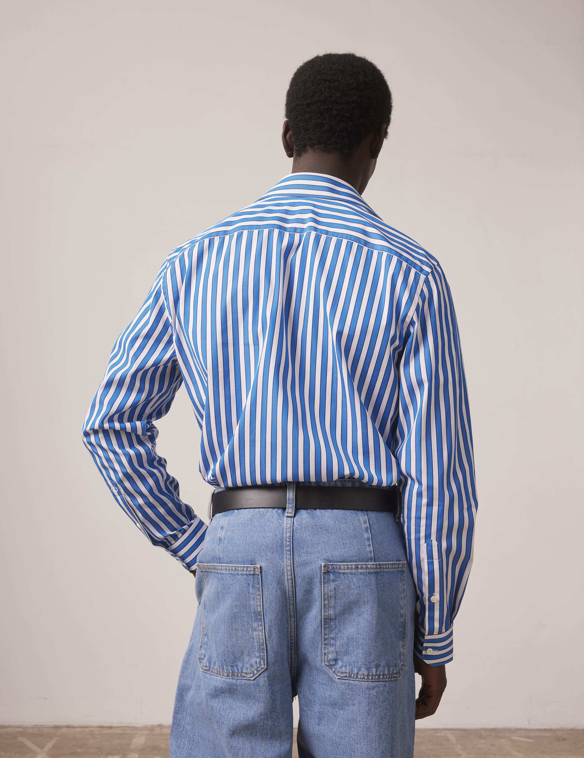 Chemise semi-ajustée rayée bleue - Popeline - Col Majestueux