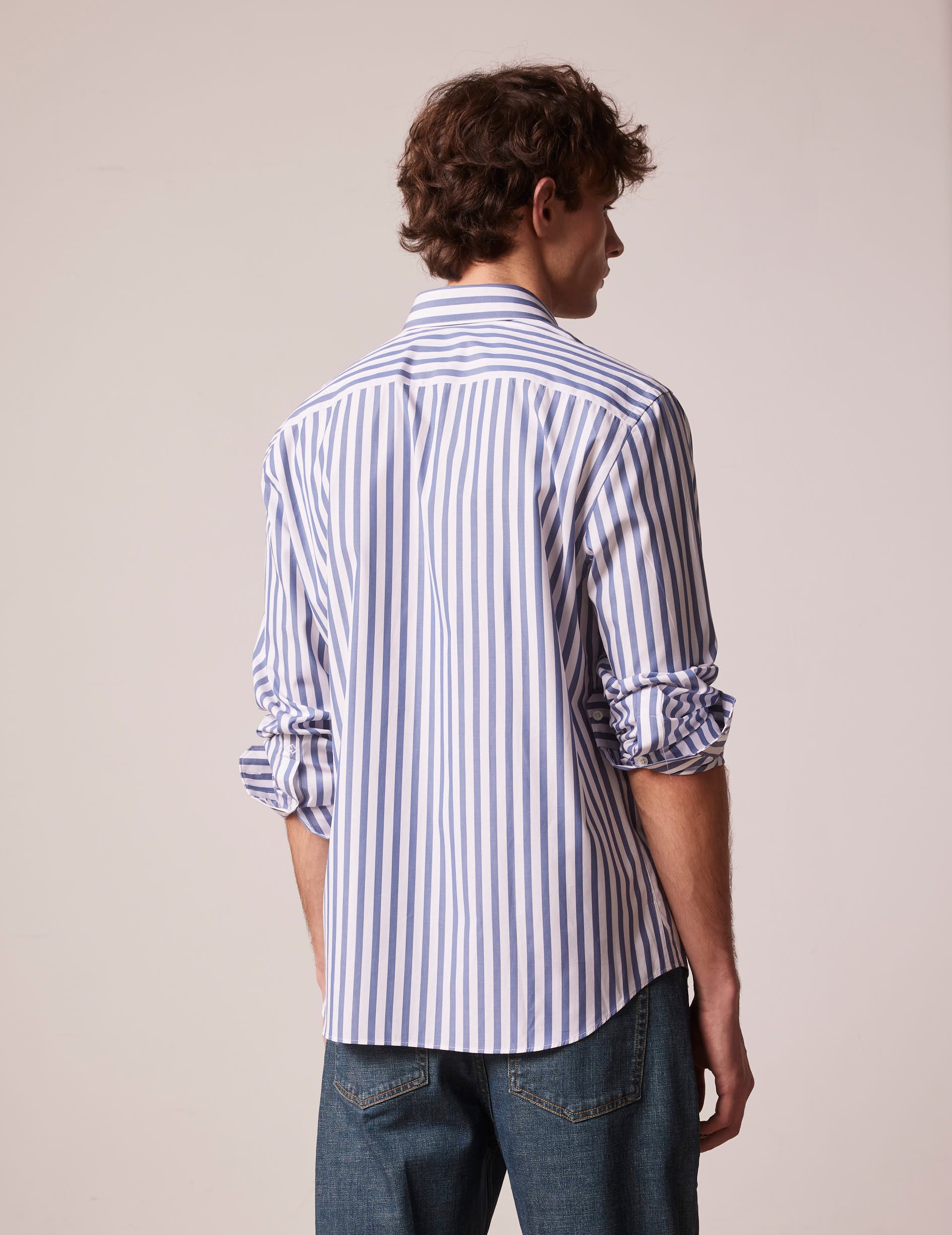 Blue striped semi-fitted shirt - Poplin - Majestic Collar