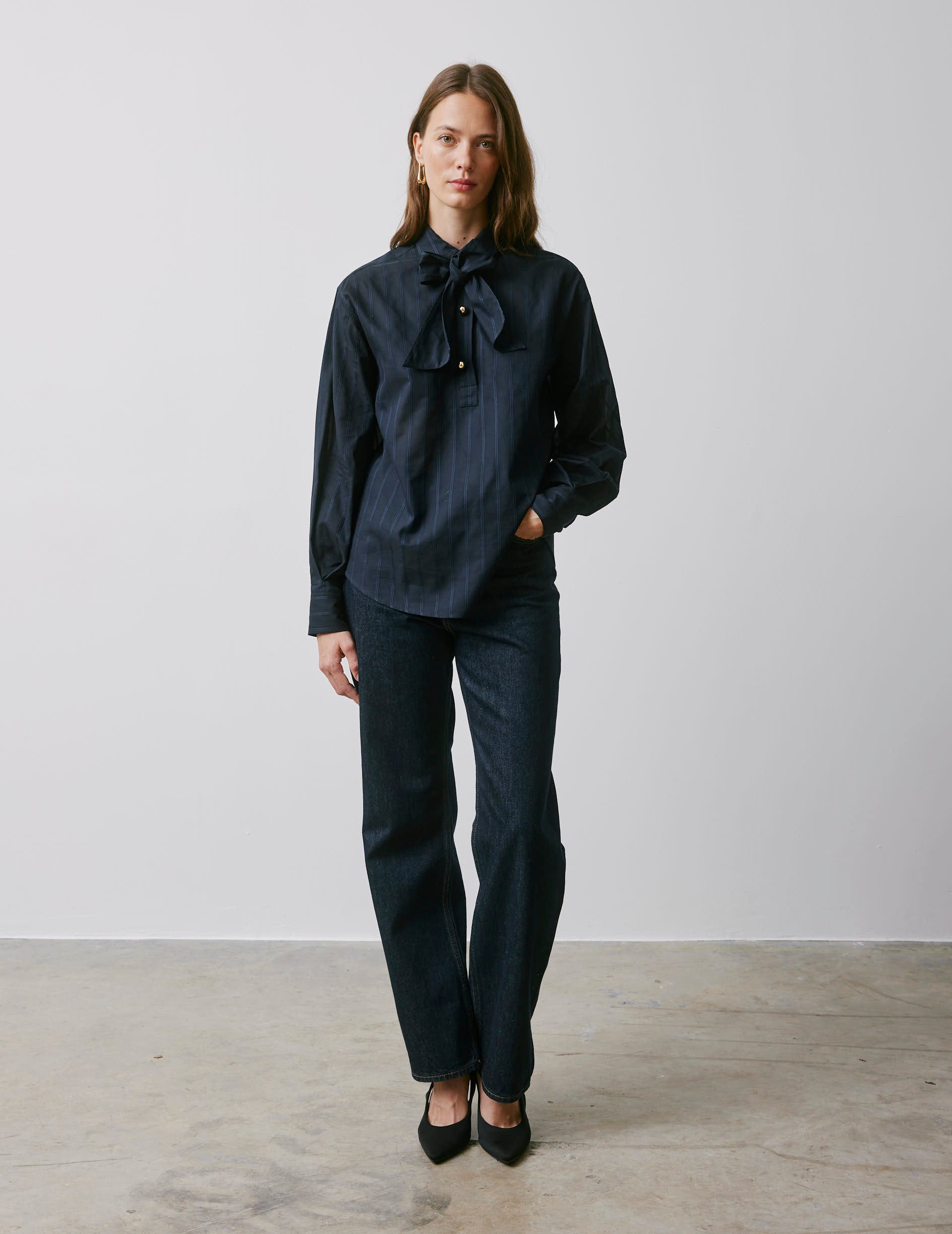 Ortensia navy striped blouse - Pleated - Shirt Collar