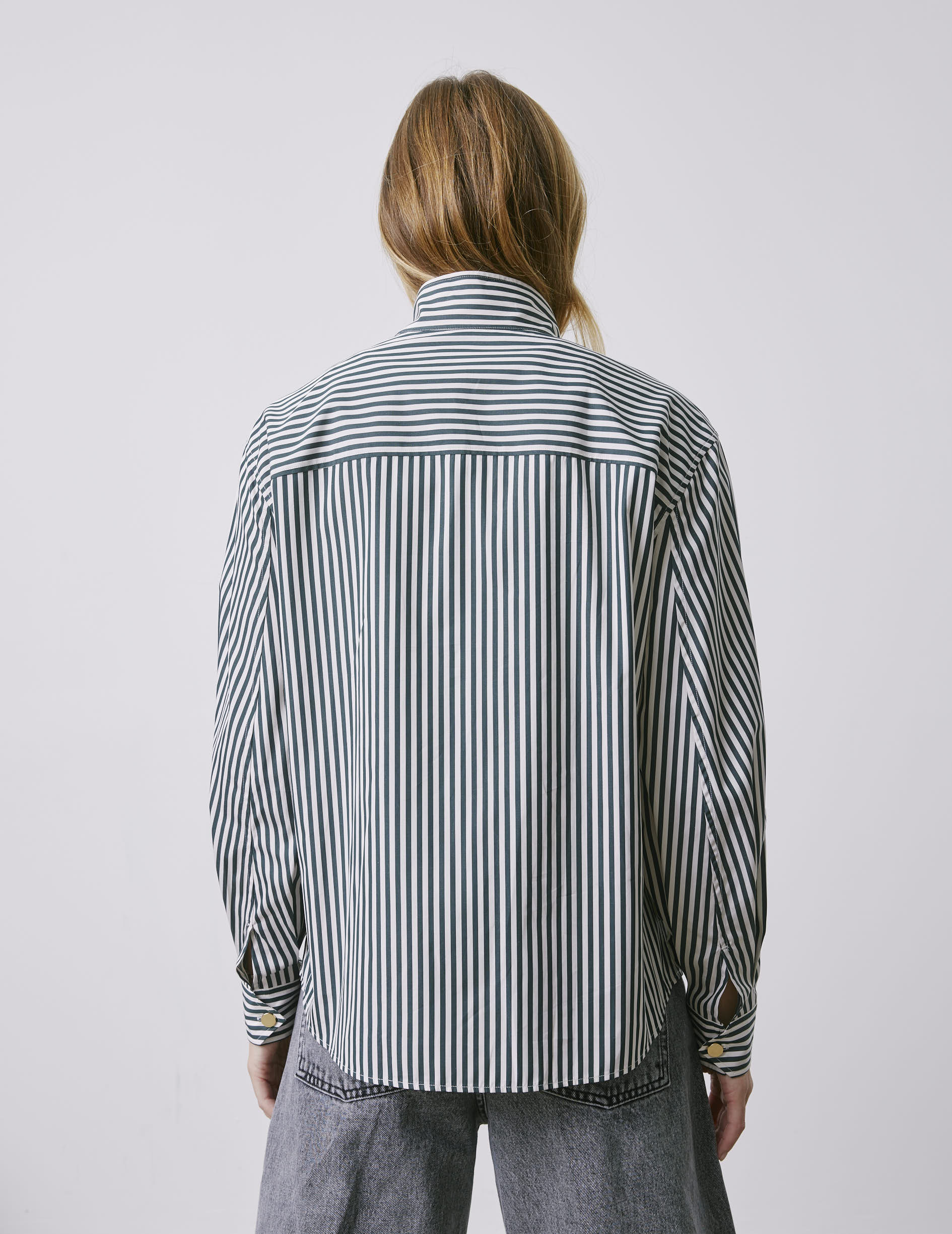 Chemise Innaée gorge cachée rayée verte - Popeline - Col Droit montant pointe