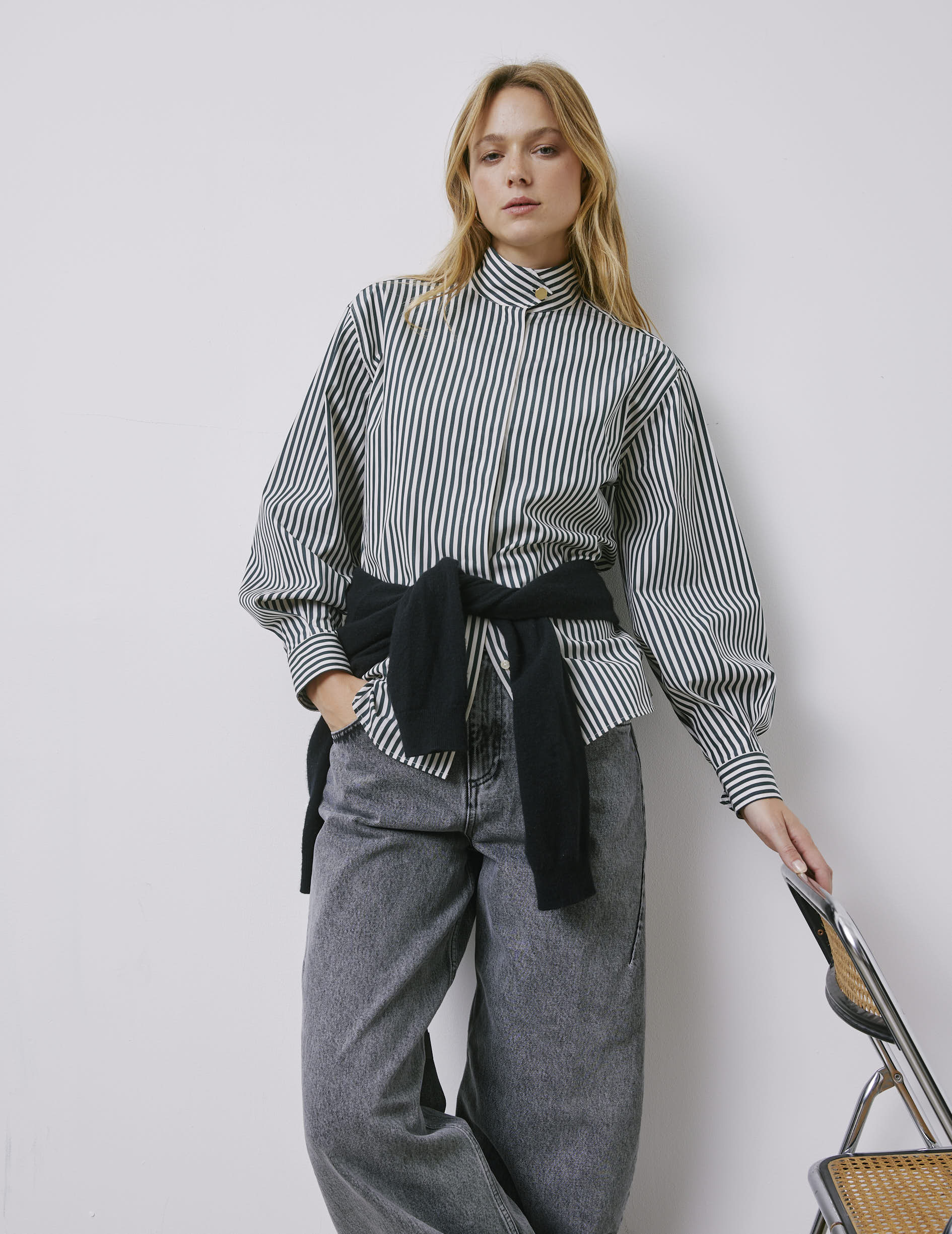 Chemise Innaée gorge cachée rayée verte - Popeline - Col Droit montant pointe