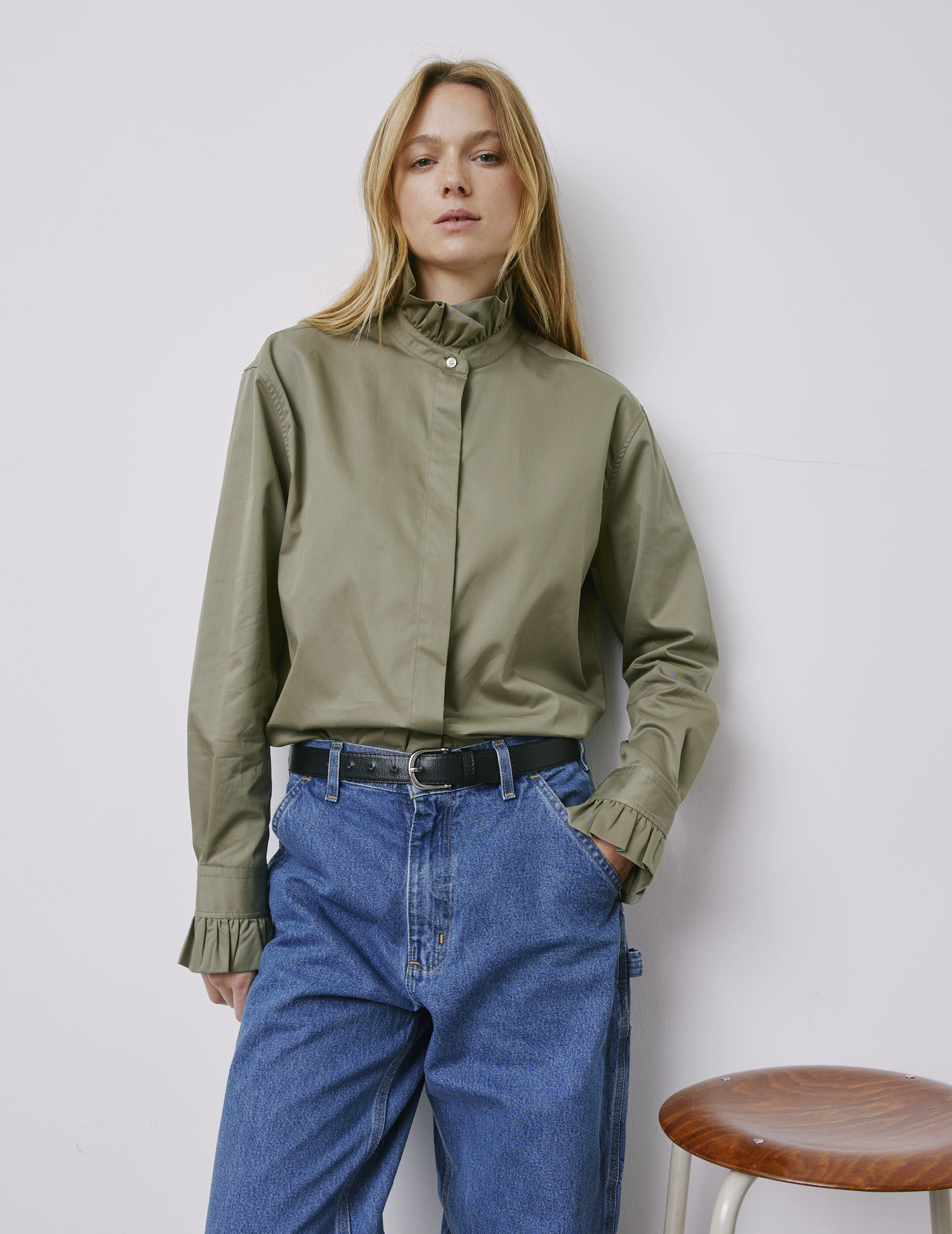 Chemise Laurine gorge cachée kaki - Twill - Col Victorien