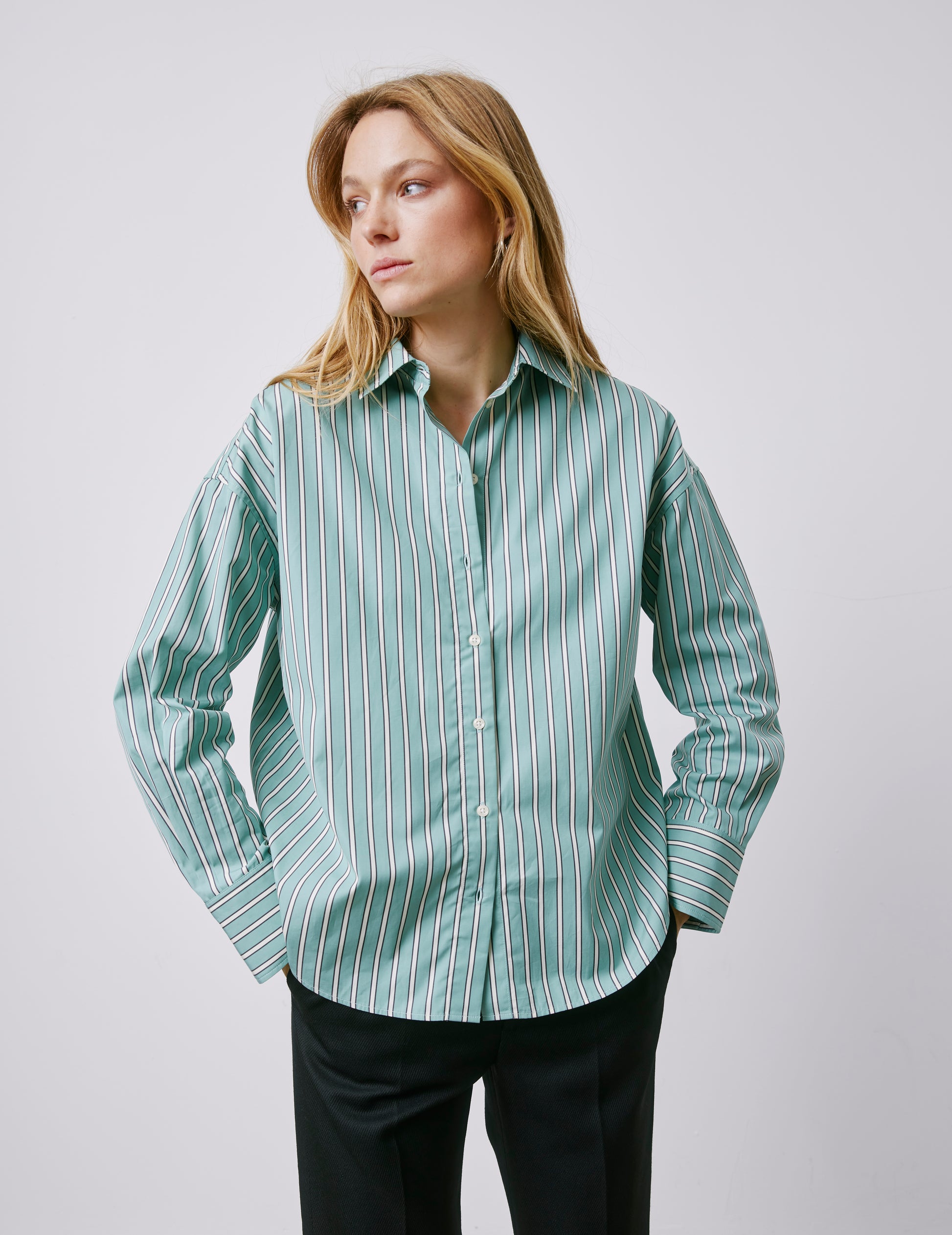 Lizandra sage green striped oversized shirt - Poplin - Shirt Collar