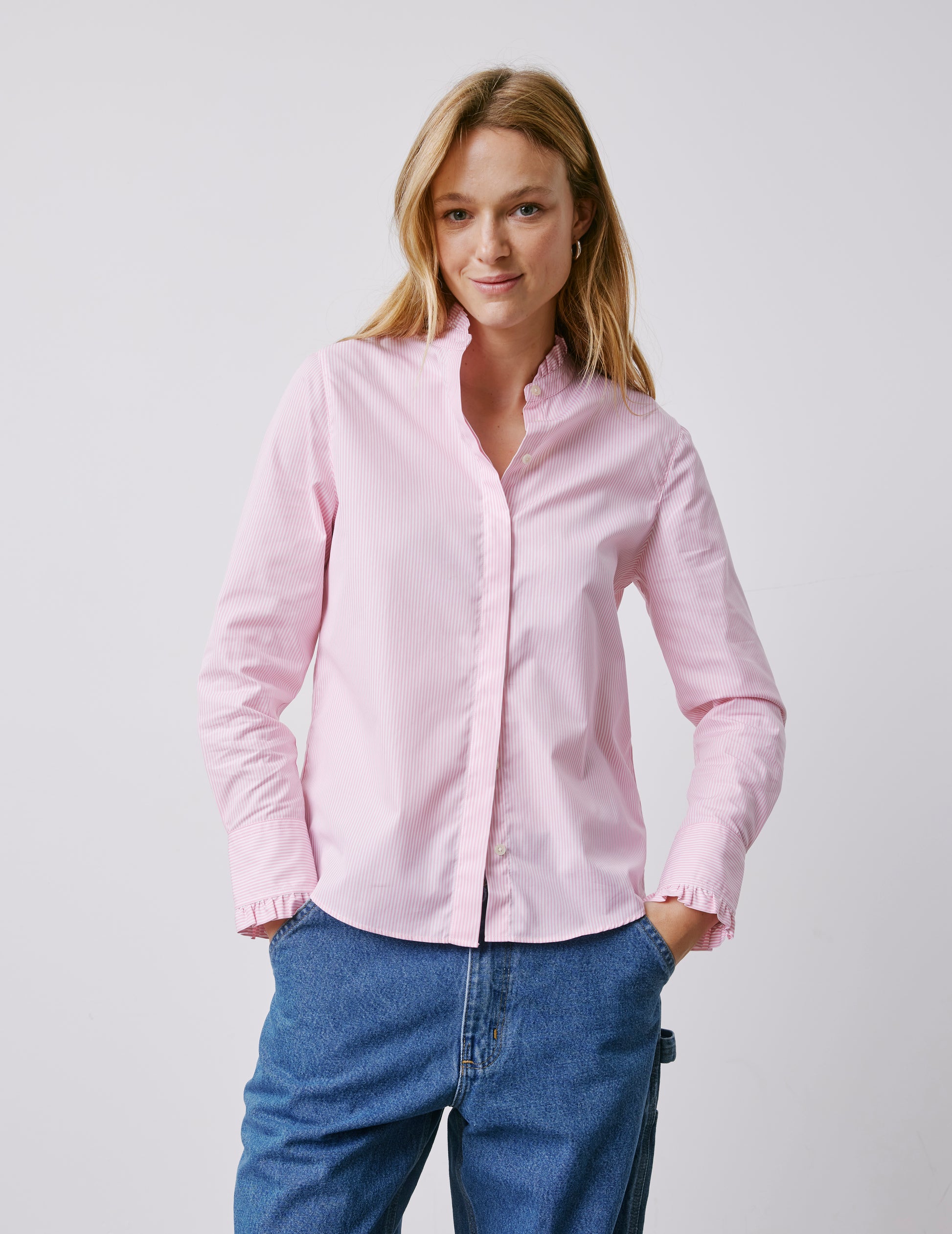 Louison pink striped hidden button placket shirt - Poplin - Victorian Collar