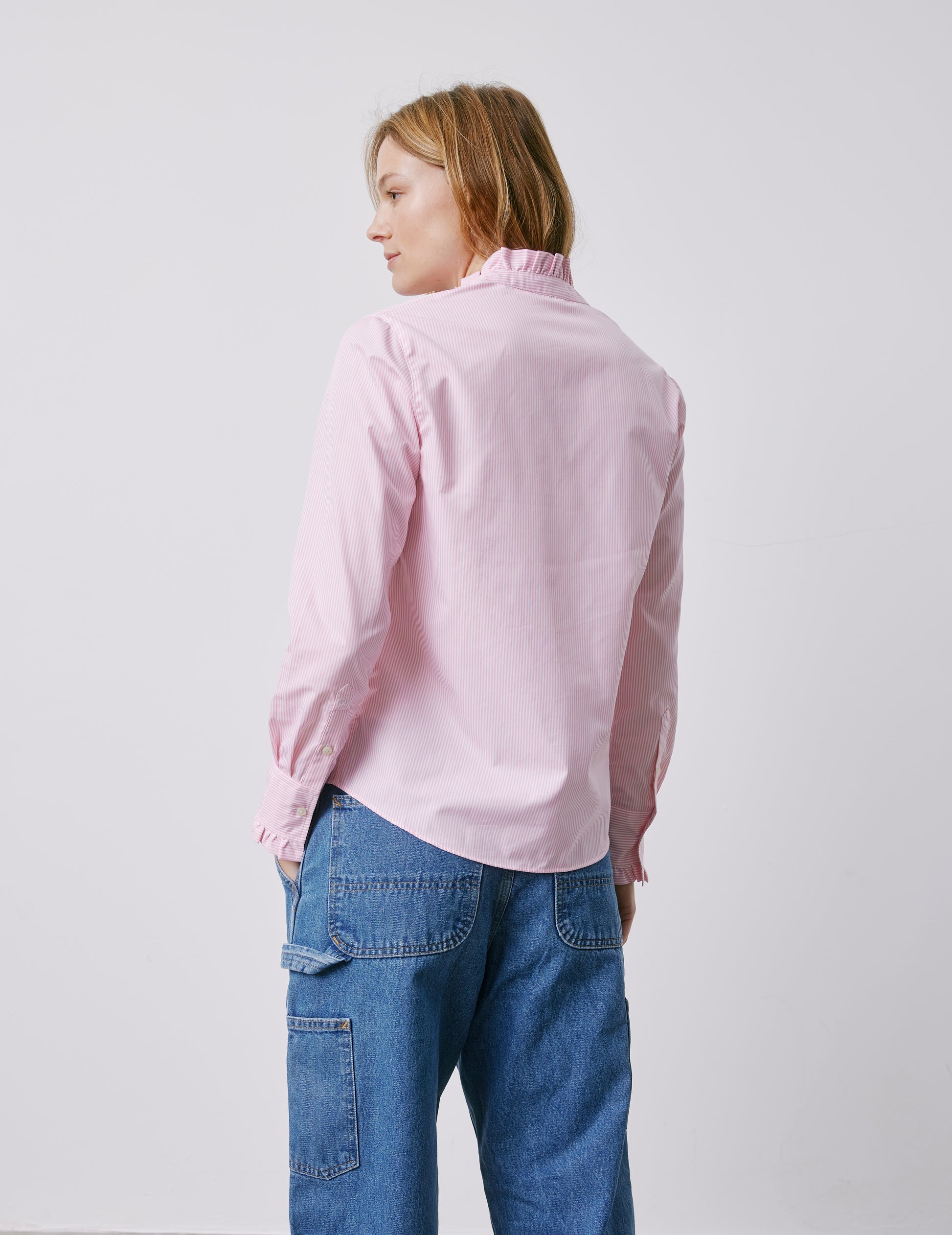 Louison pink striped hidden button placket shirt - Poplin - Victorian Collar