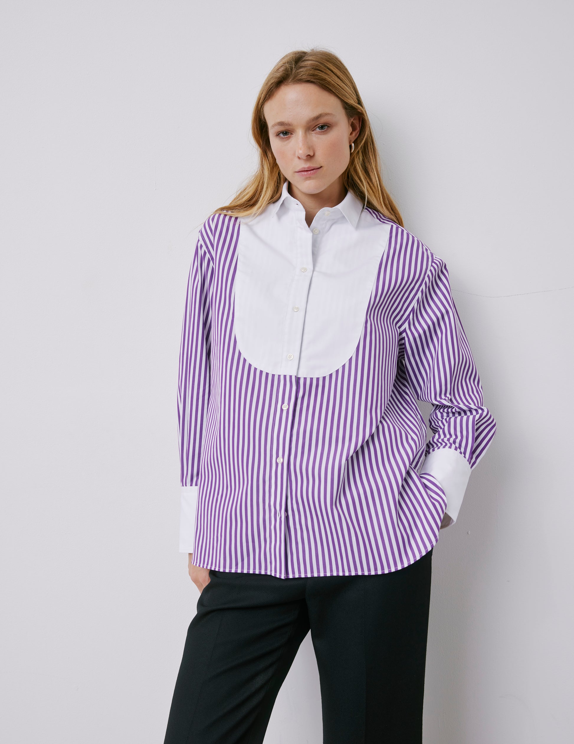 Chemise oversize Lune rayée violette à plastron - Popeline - Col Chemise