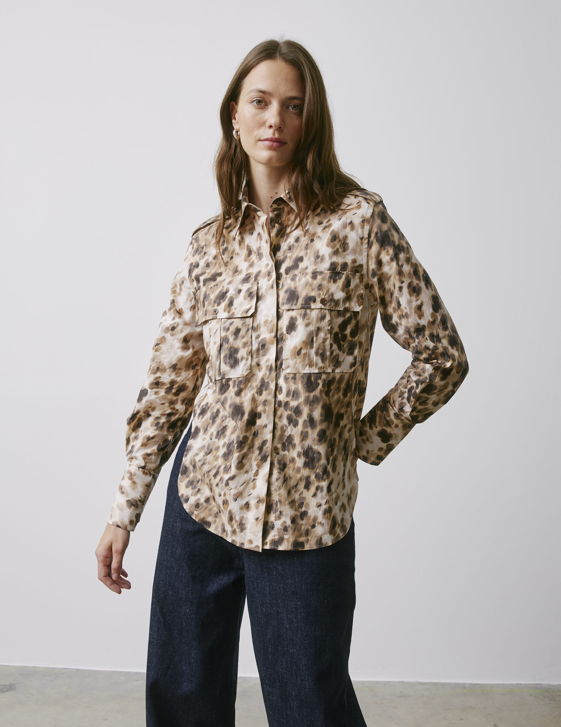 Maryline hidden button placket beige printed shirt - Poplin - Shirt Collar