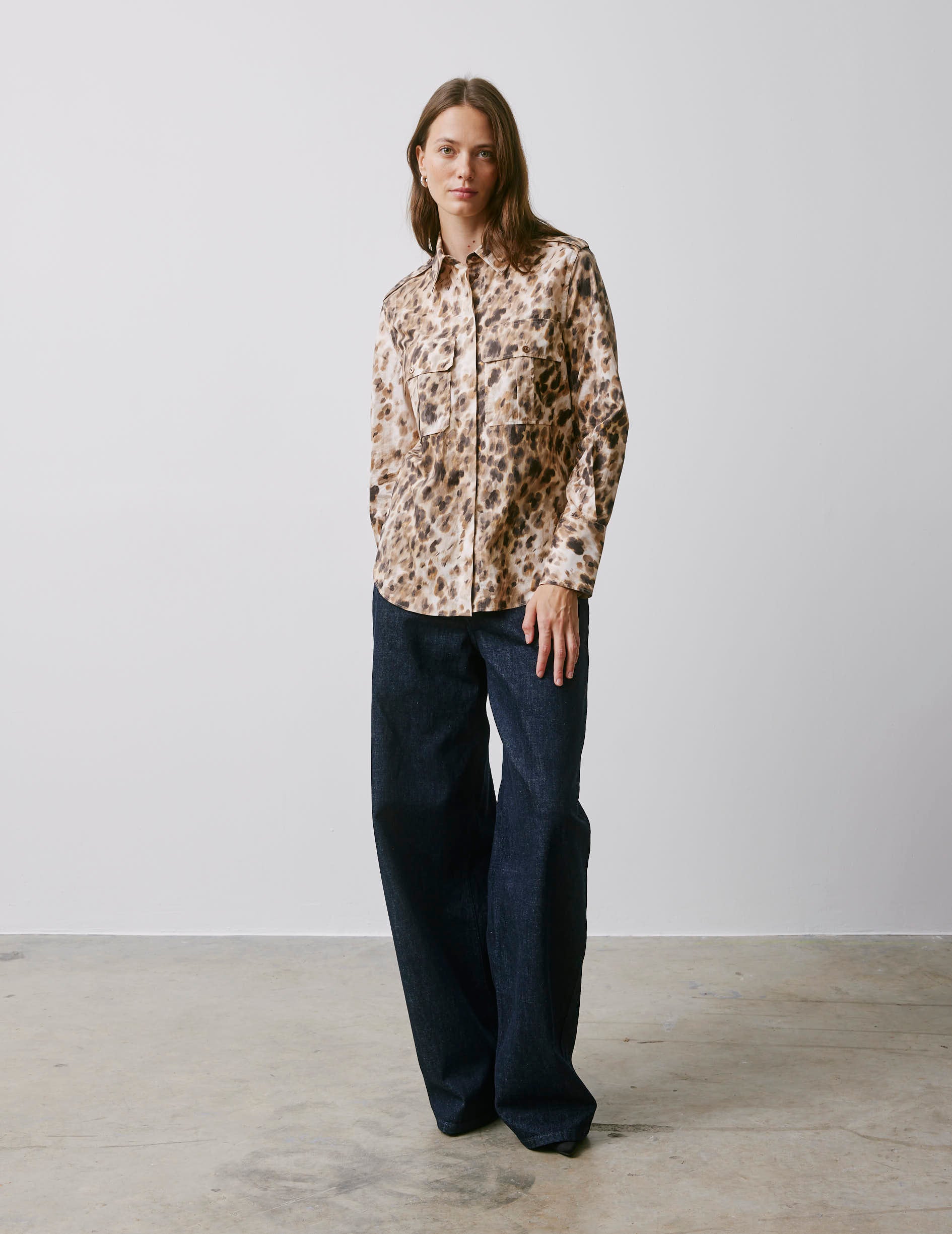 Maryline hidden button placket beige printed shirt - Poplin - Shirt Collar