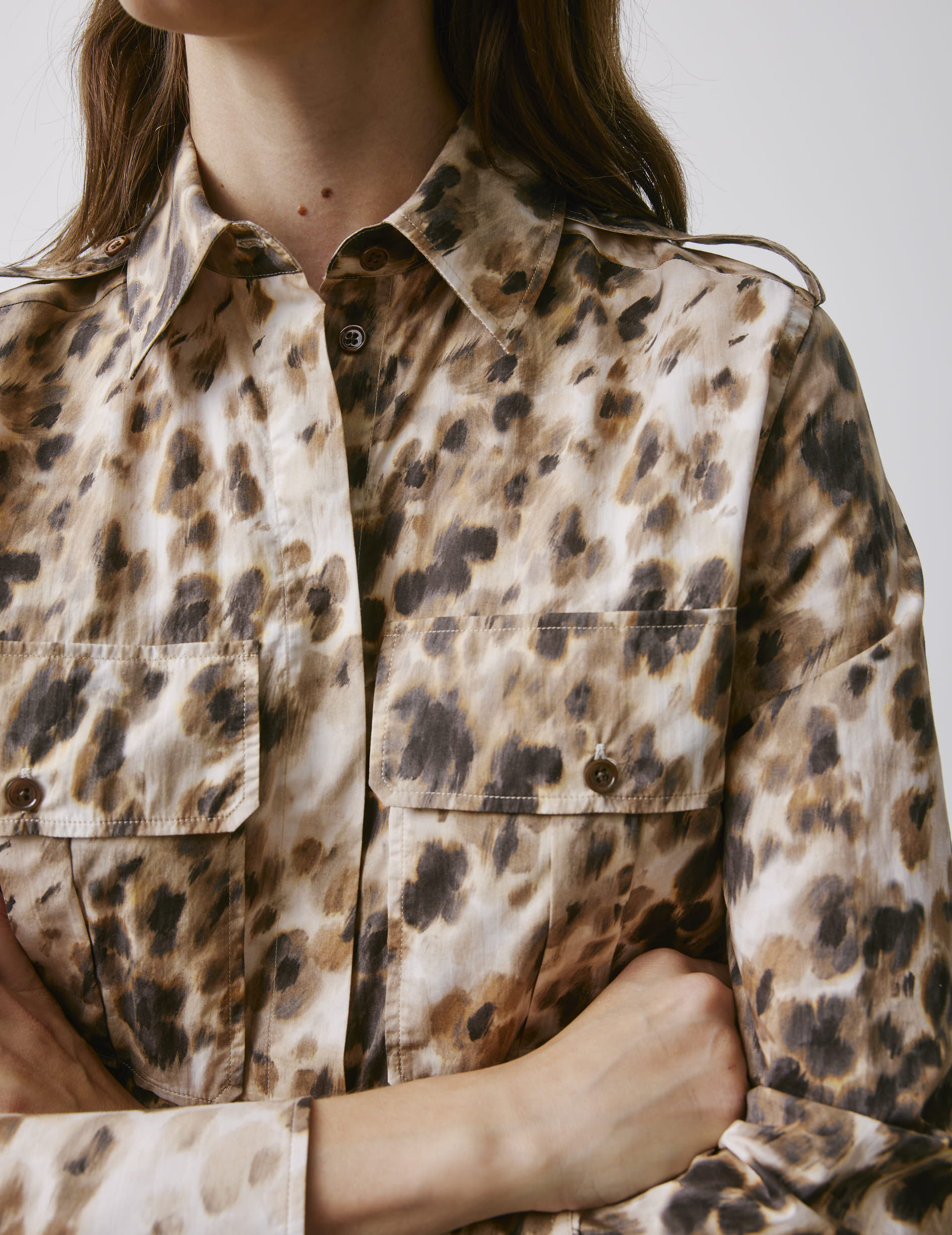 Maryline hidden button placket beige printed shirt - Poplin - Shirt Collar