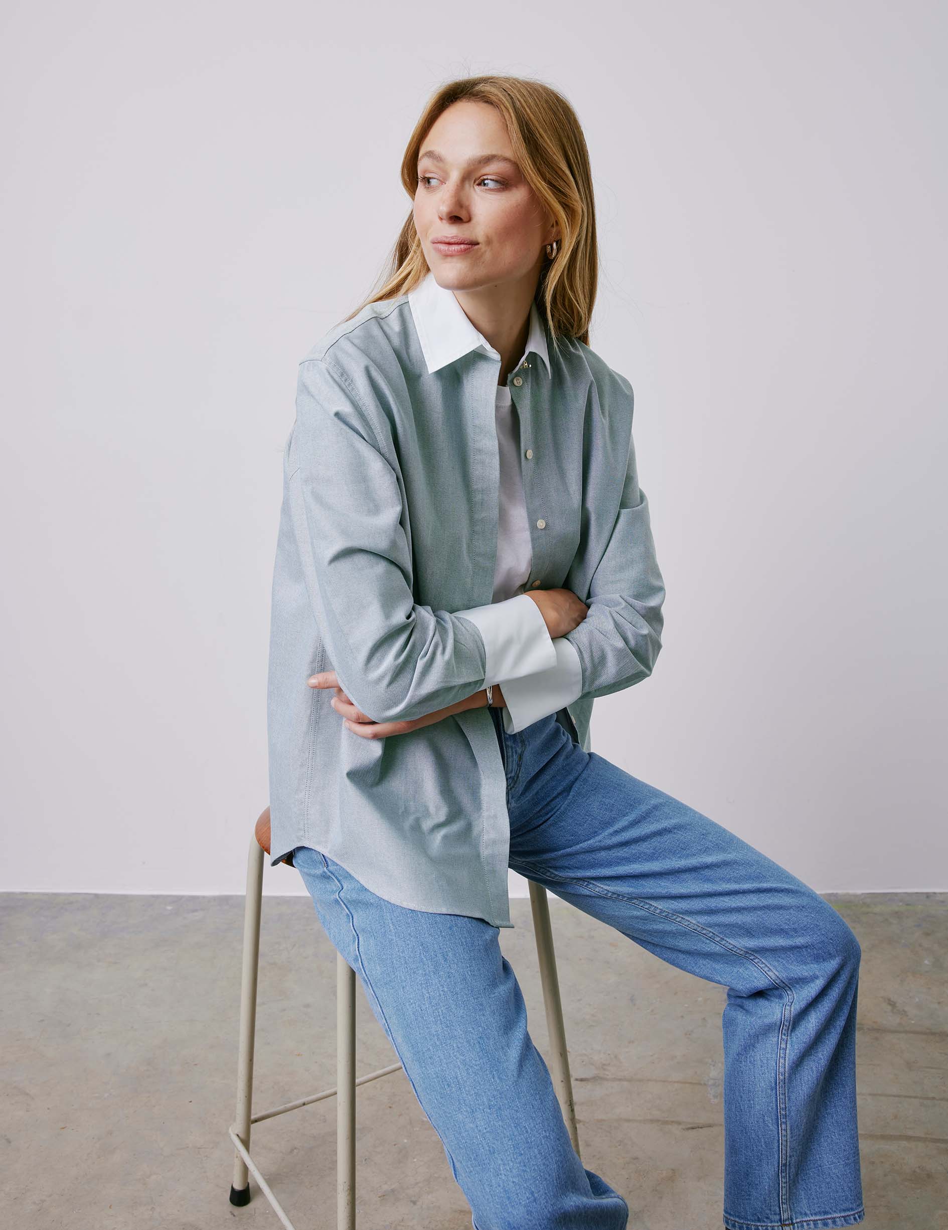 Mathéa green hidden button placket shirt - Oxford - Shirt Collar