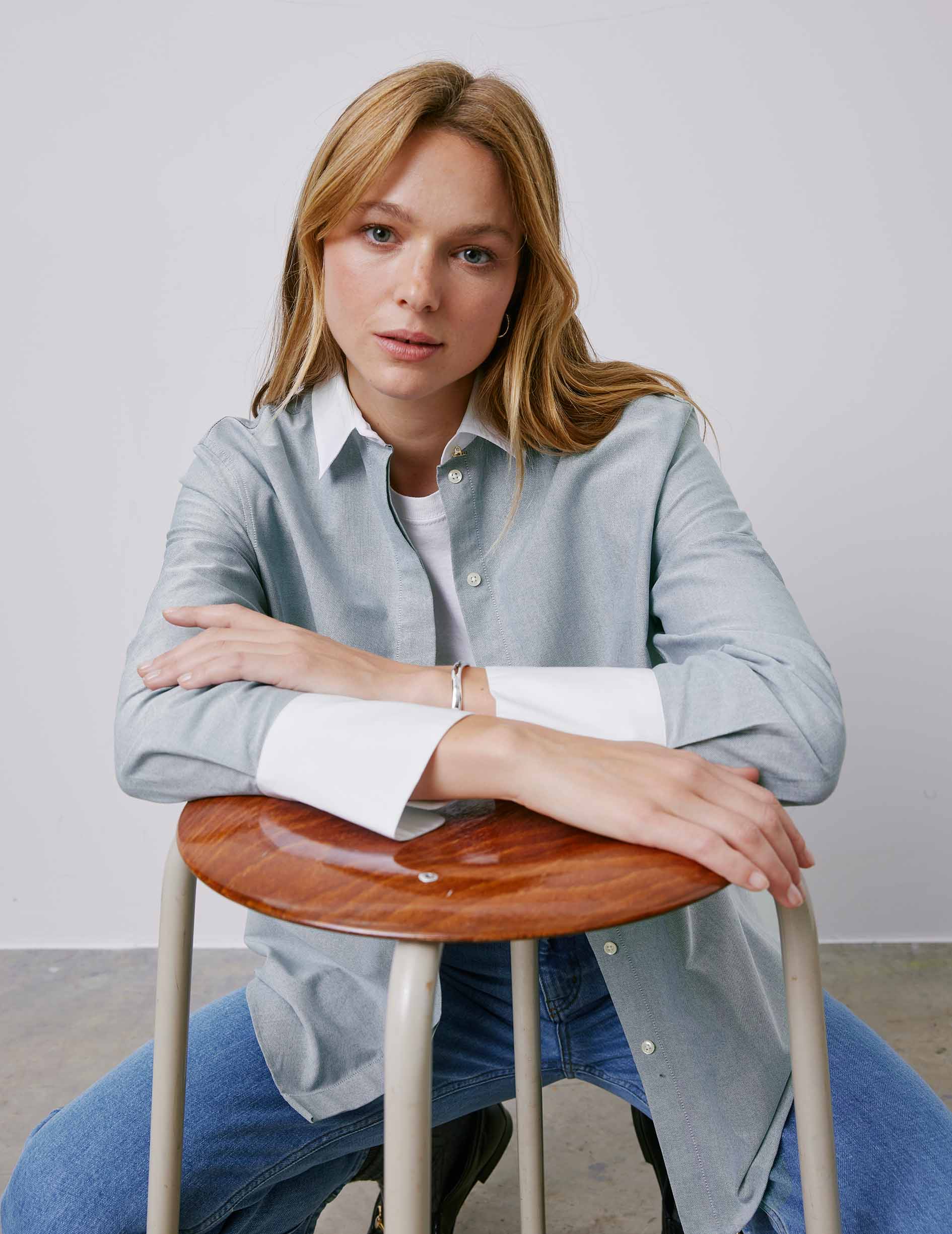 Mathéa green hidden button placket shirt - Oxford - Shirt Collar