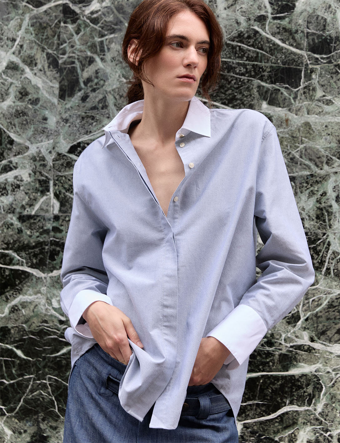 Mathéa green hidden button placket shirt - Oxford - Shirt Collar