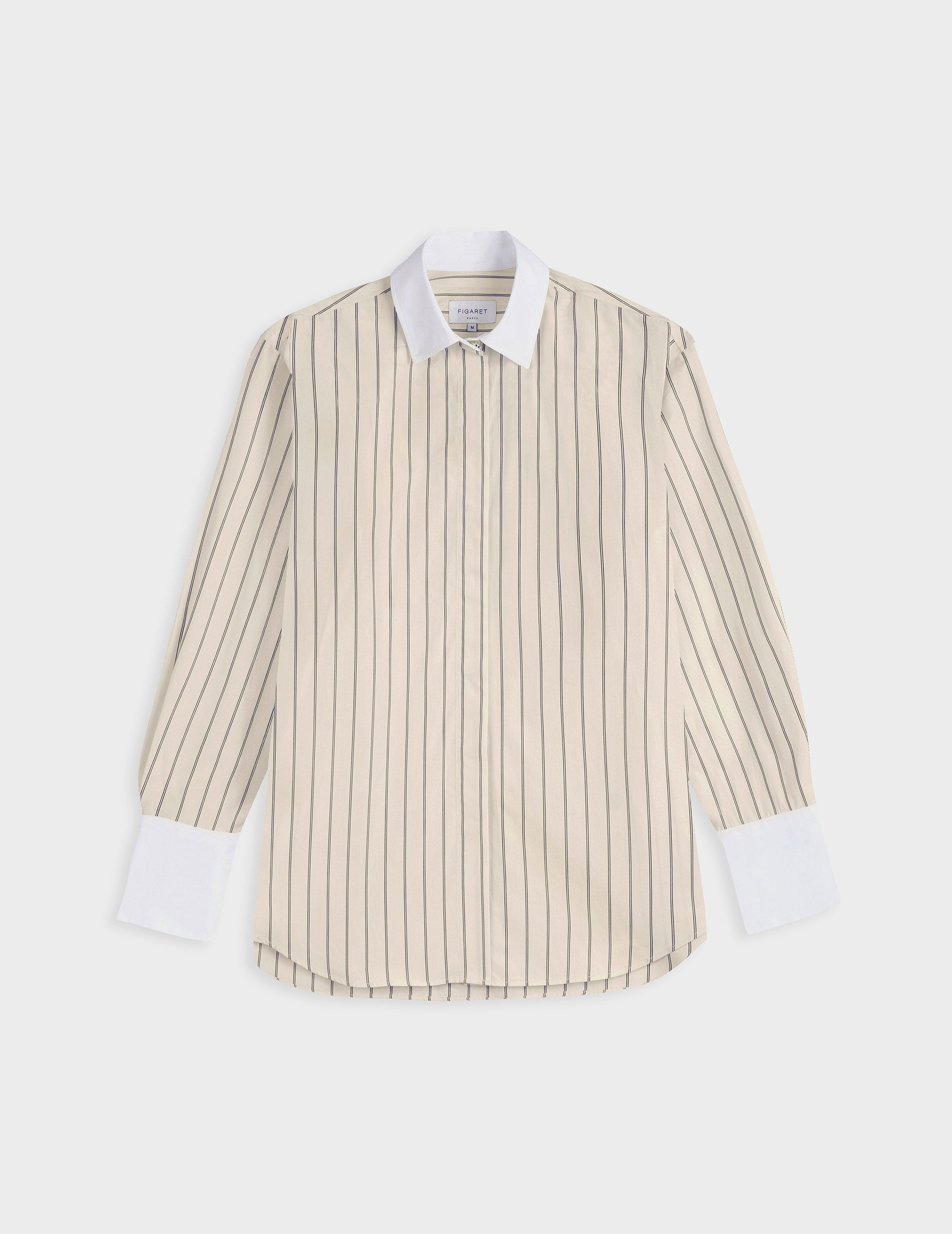 Mathéa beige striped hidden button placket shirt - Poplin - Shirt Collar