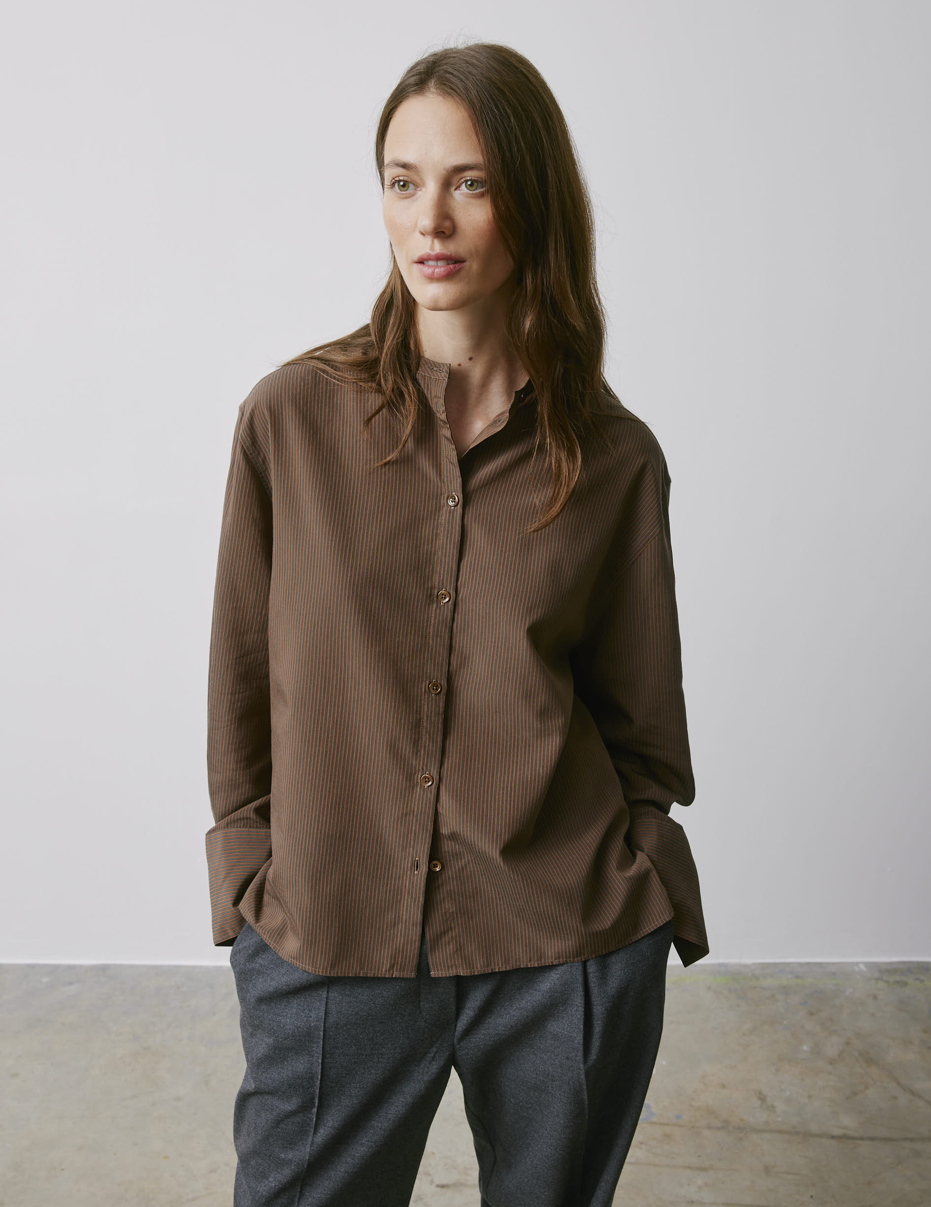 Chemise oversize Maureen rayée marron - Lyocell - Col Officier
