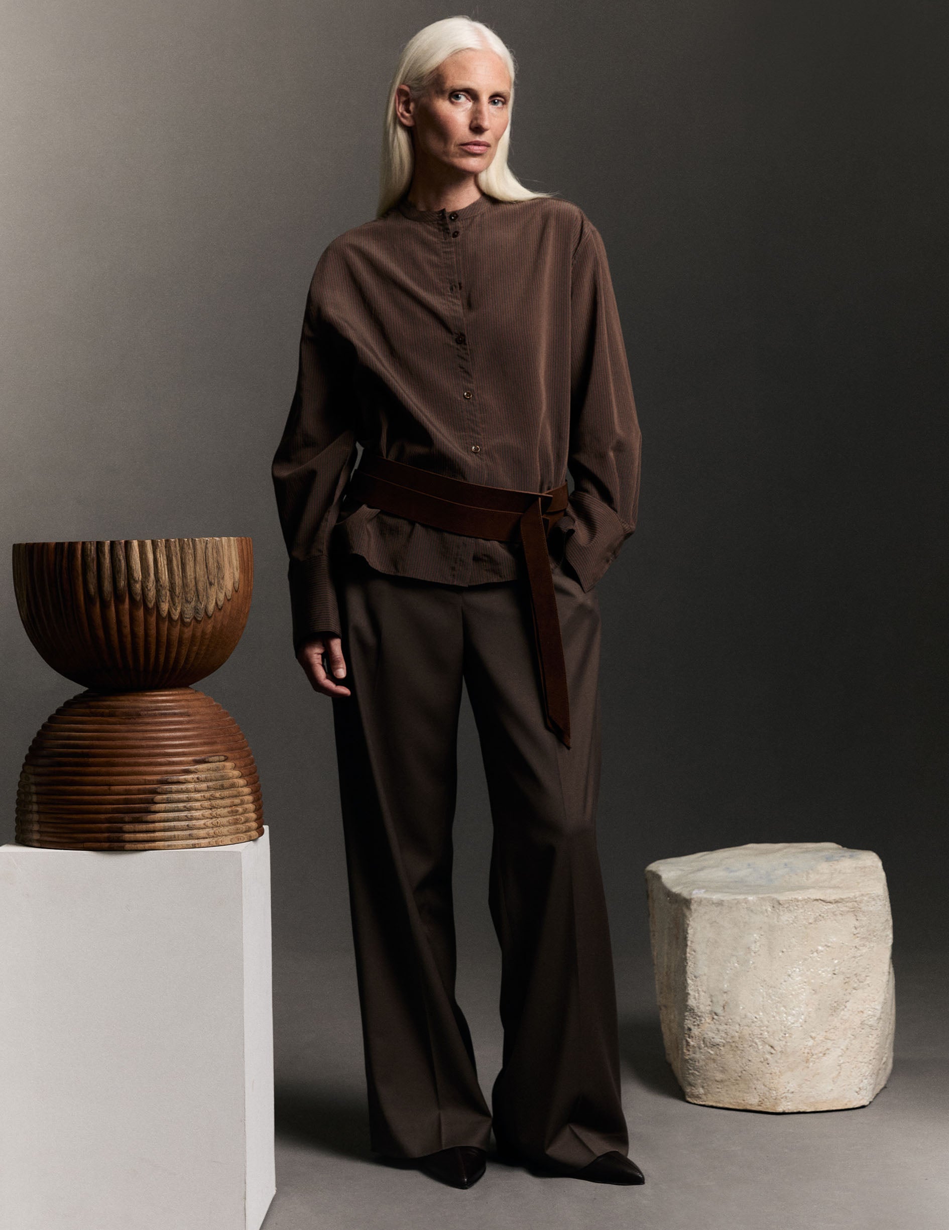 Chemise oversize Maureen rayée marron - Lyocell - Col Officier