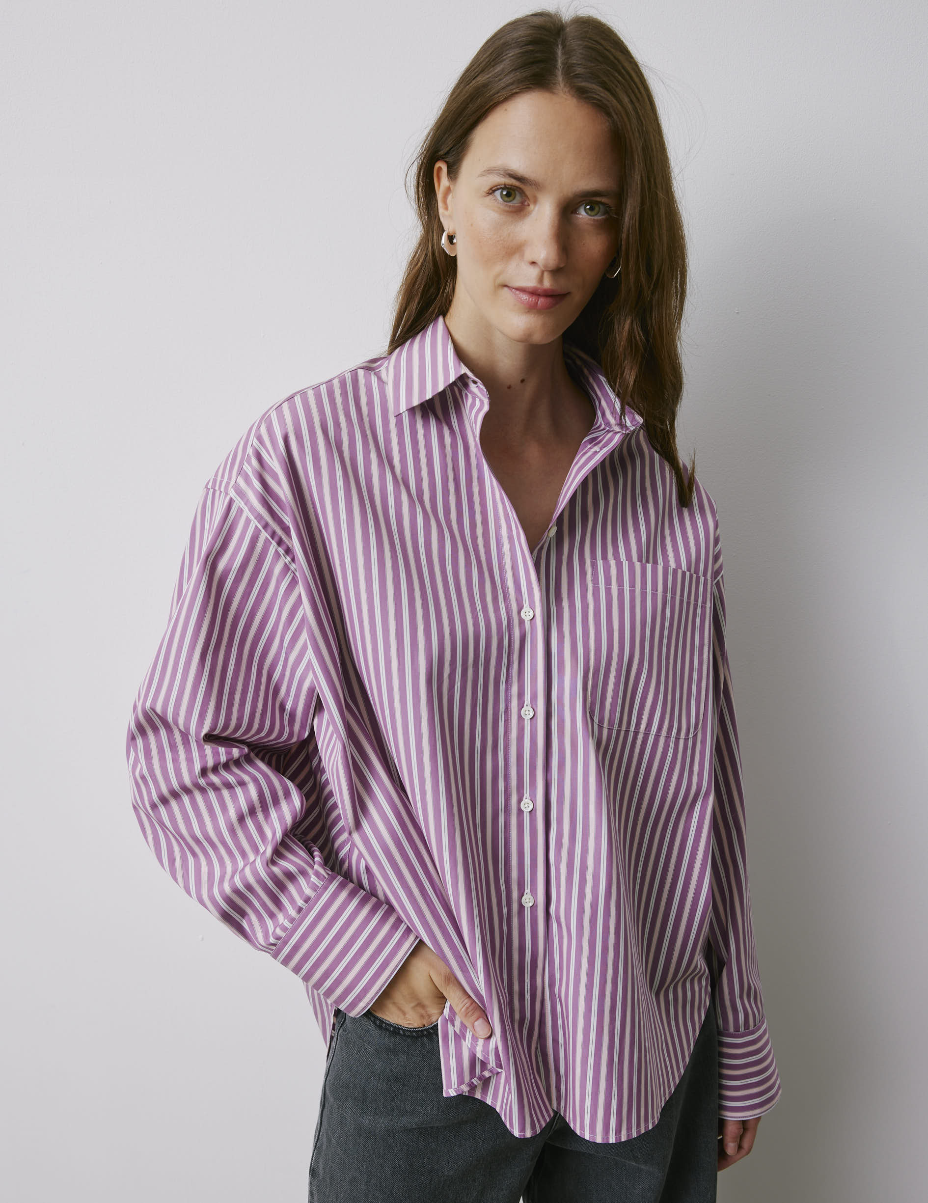 Chemise oversize Soffy rayée rose et violet - Popeline - Col Chemise