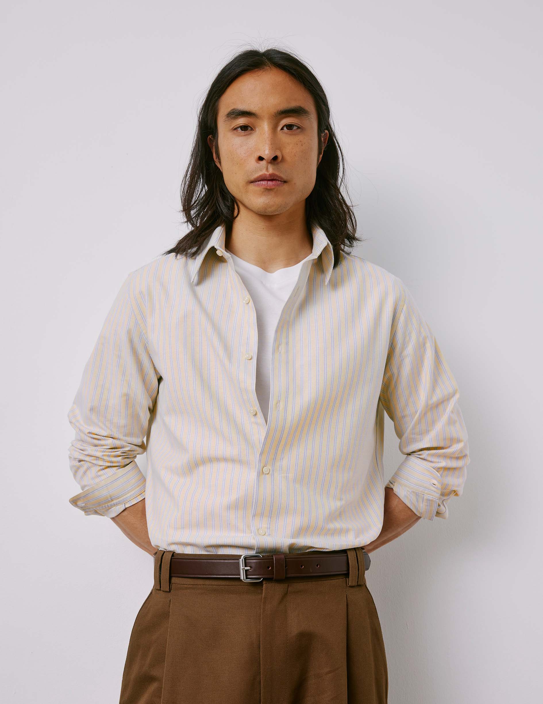 Chemise Antonin rayée beige - Oxford - Col Prodigieux