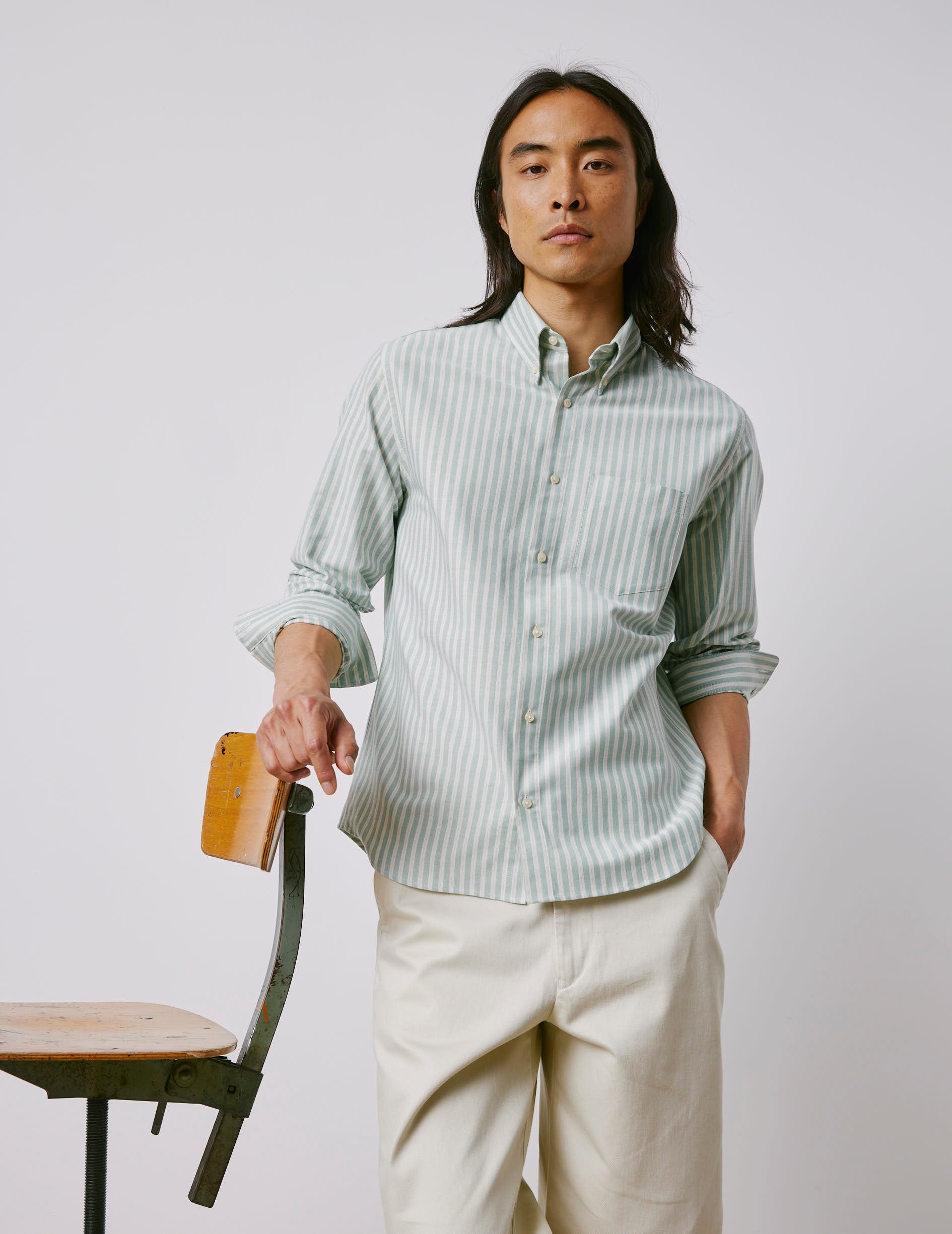 Chemise Aurélien rayée verte - Oxford - Col Prodigieux boutonné