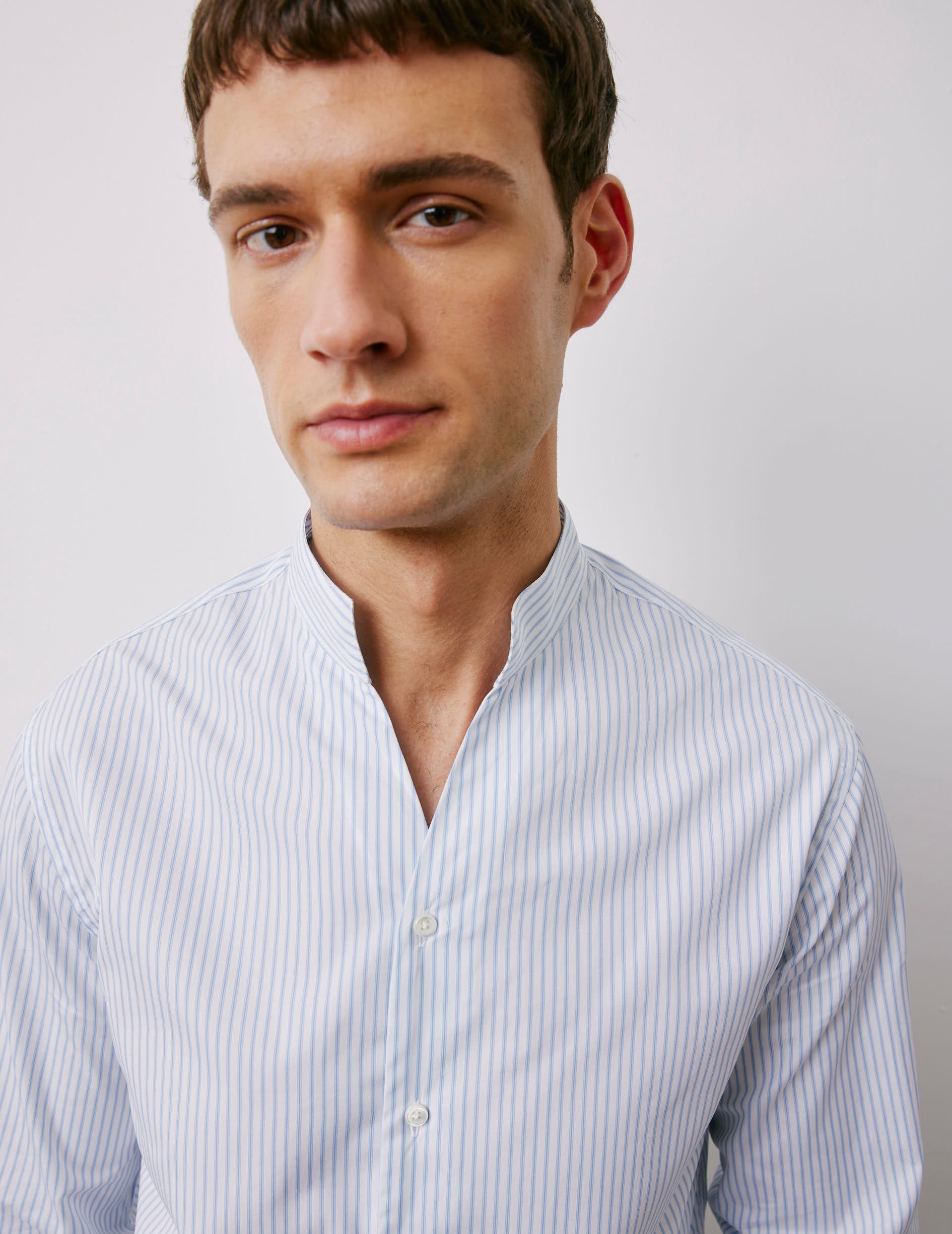 Chemise Carl rayée bleue - Popeline - Col Droit ouvert