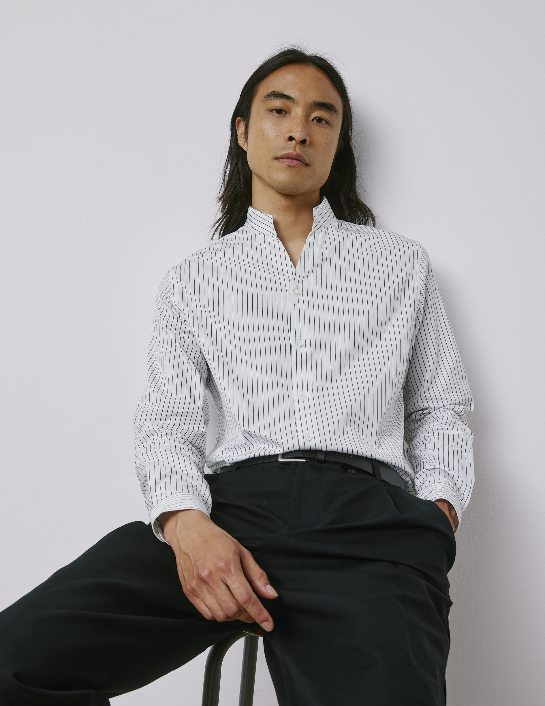 Chemise Carl rayée verte - Twill - Col Droit ouvert