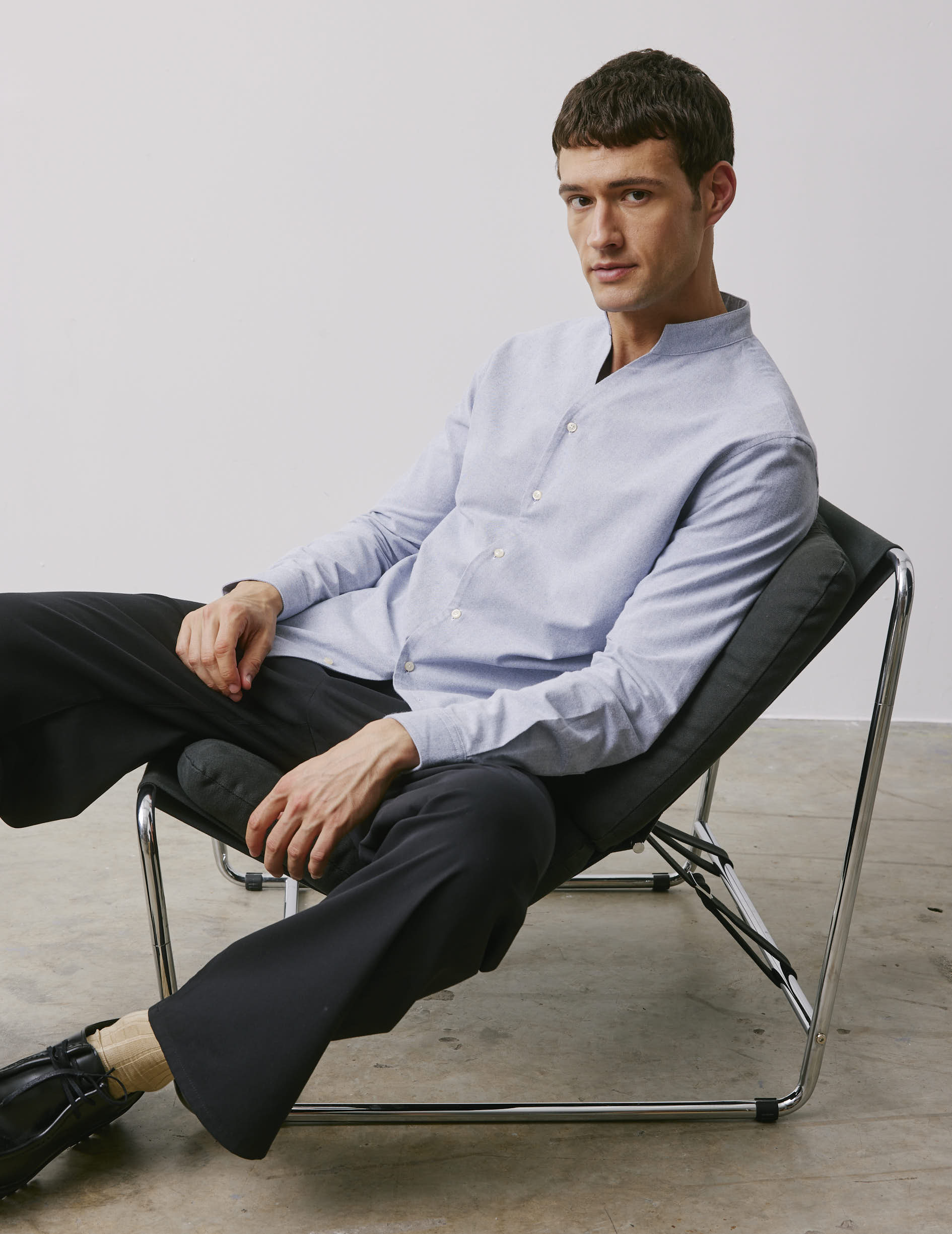 Chemise Carl bleue - Oxford gratté - Col Droit ouvert