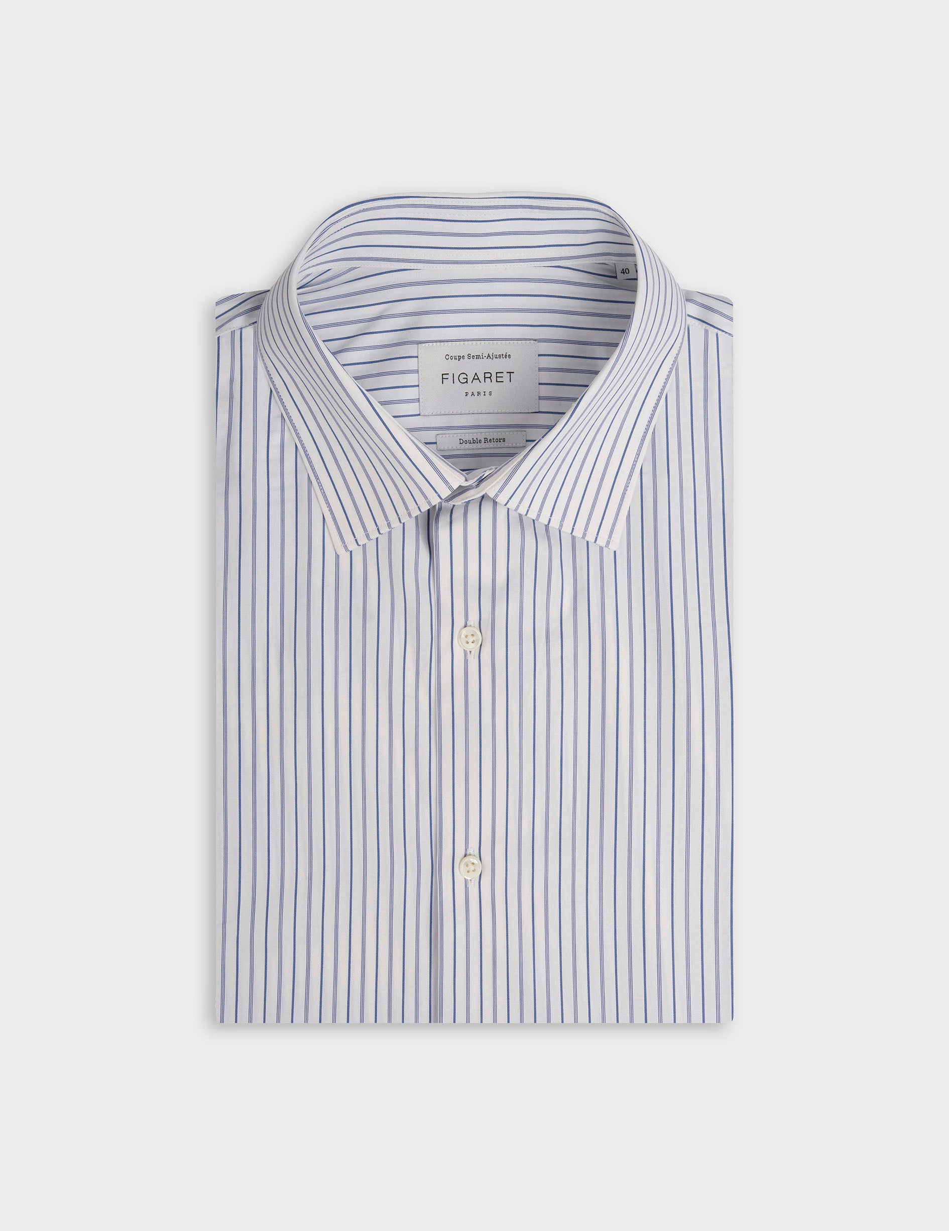 Chemise semi-ajustée rayée bleue - Popeline - Col Figaret - Poignets Mousquetaires