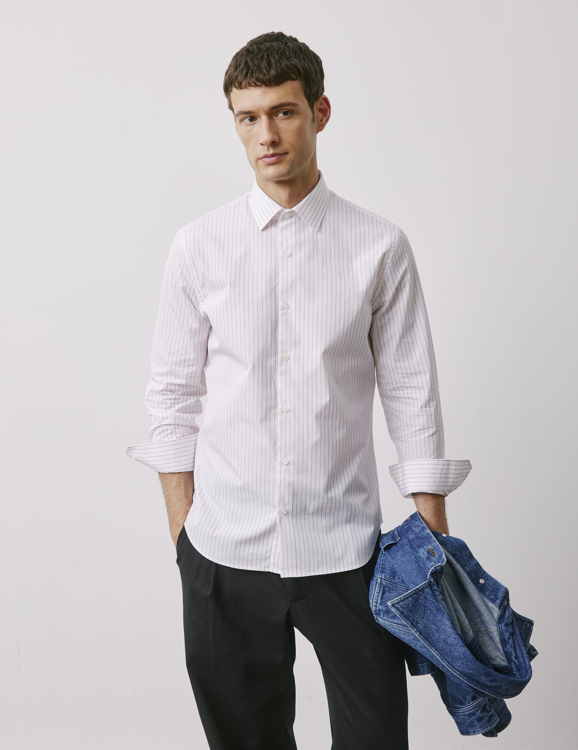 Chemise ajustée rayée rouge - Popeline - Col Figaret