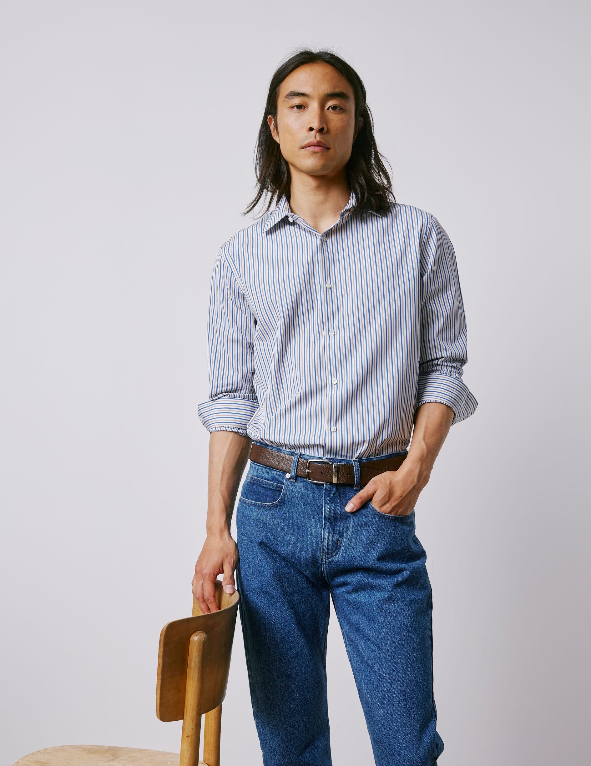 Chemise semi-ajustée rayée bleue - Popeline - Col Figaret