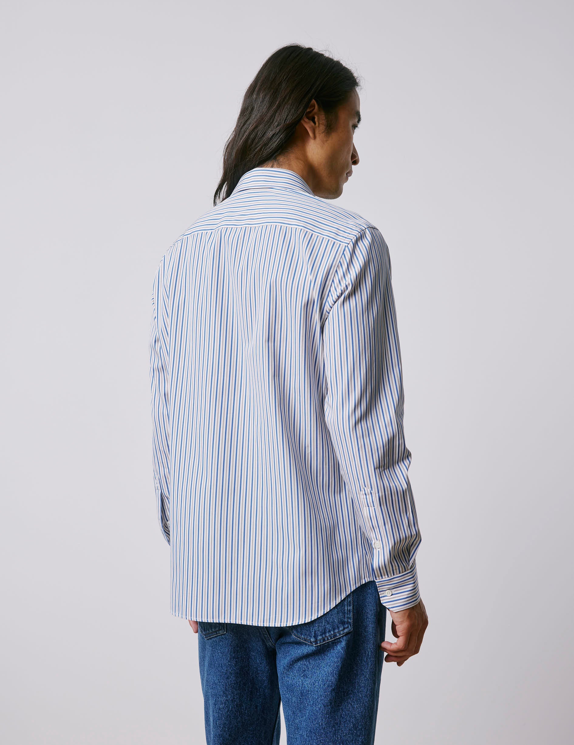 Chemise semi-ajustée rayée bleue - Popeline - Col Figaret