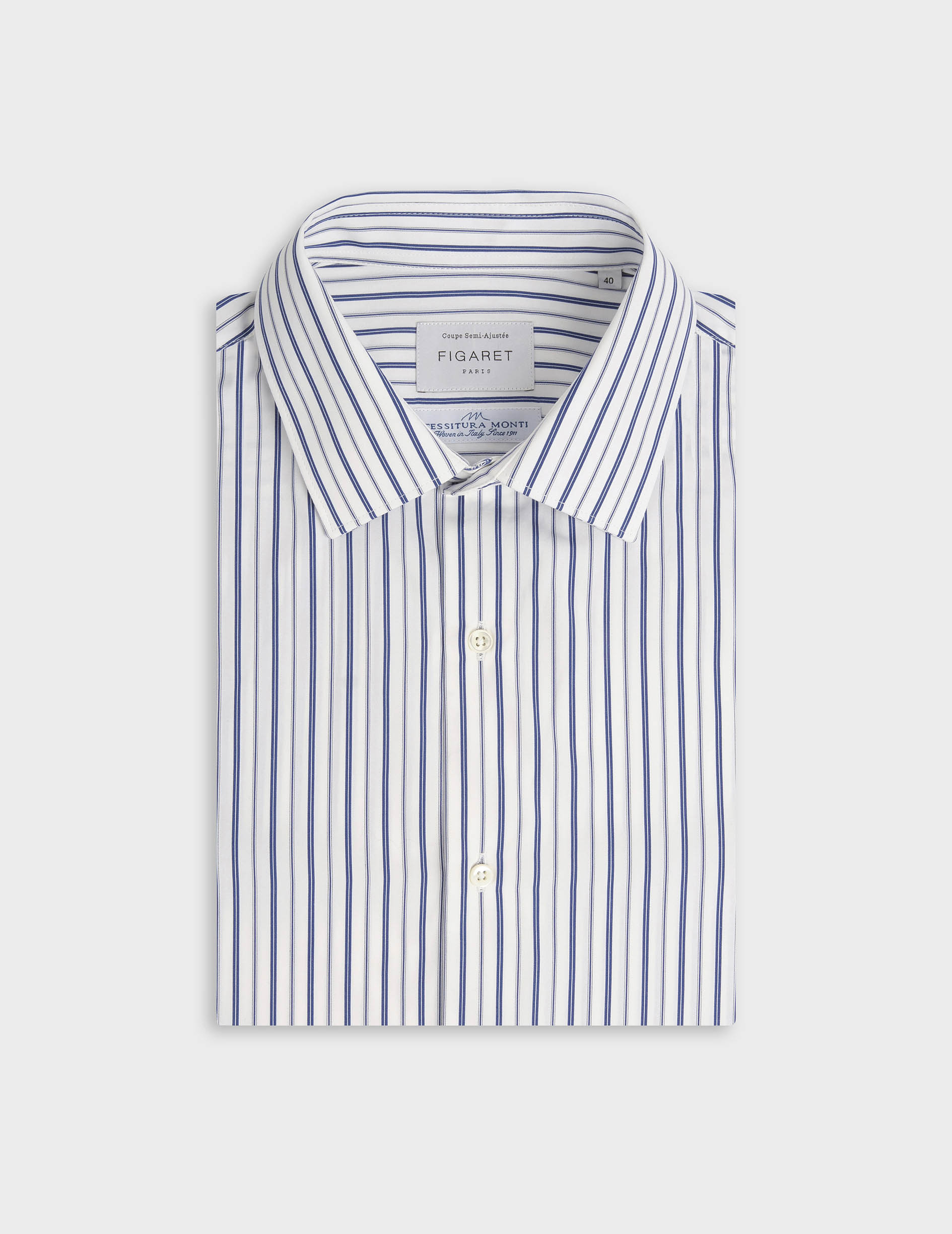 Chemise semi-ajustée rayée bleu marine - Popeline - Col Figaret