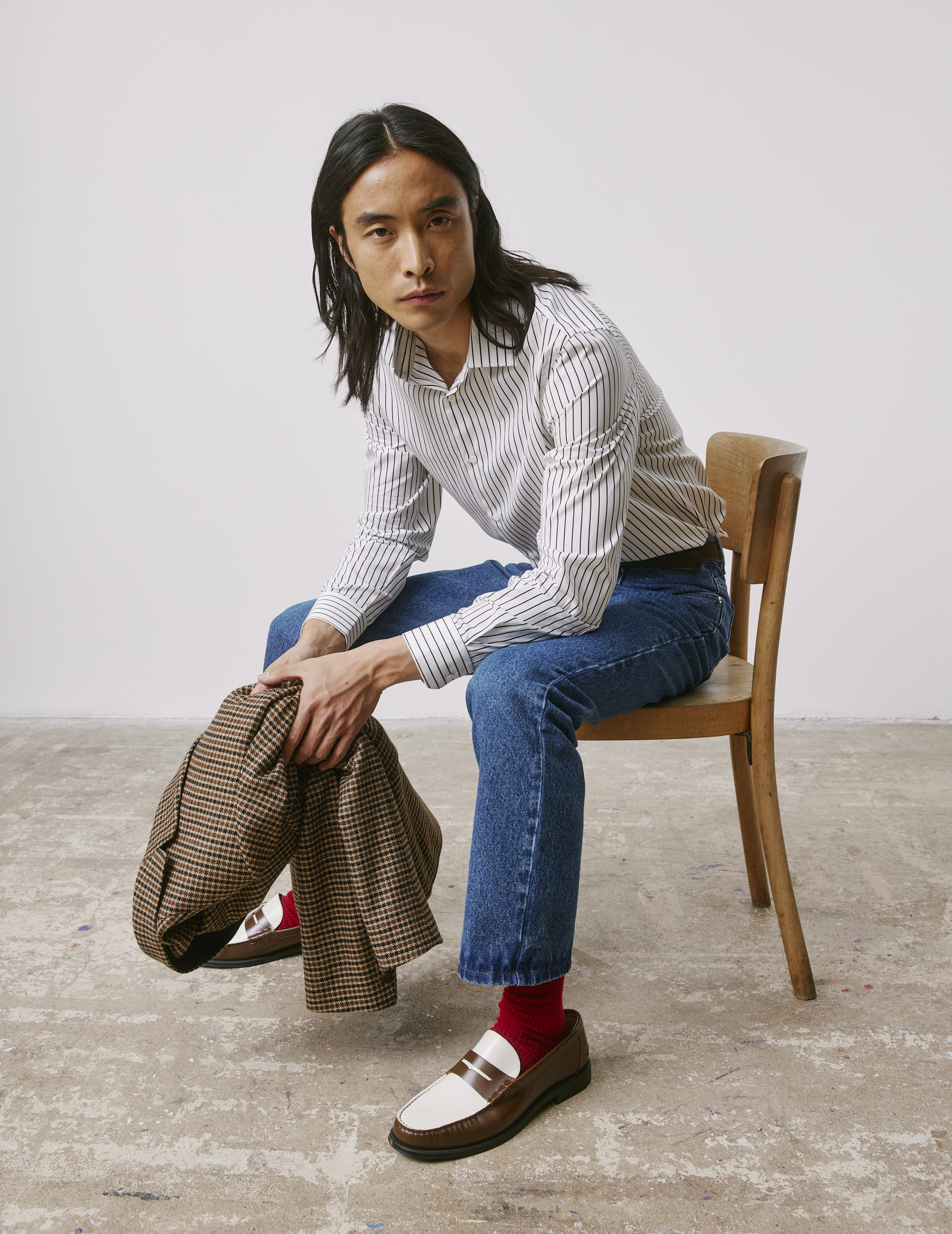 Chemise semi-ajustée rayée noire - Popeline - Col Figaret