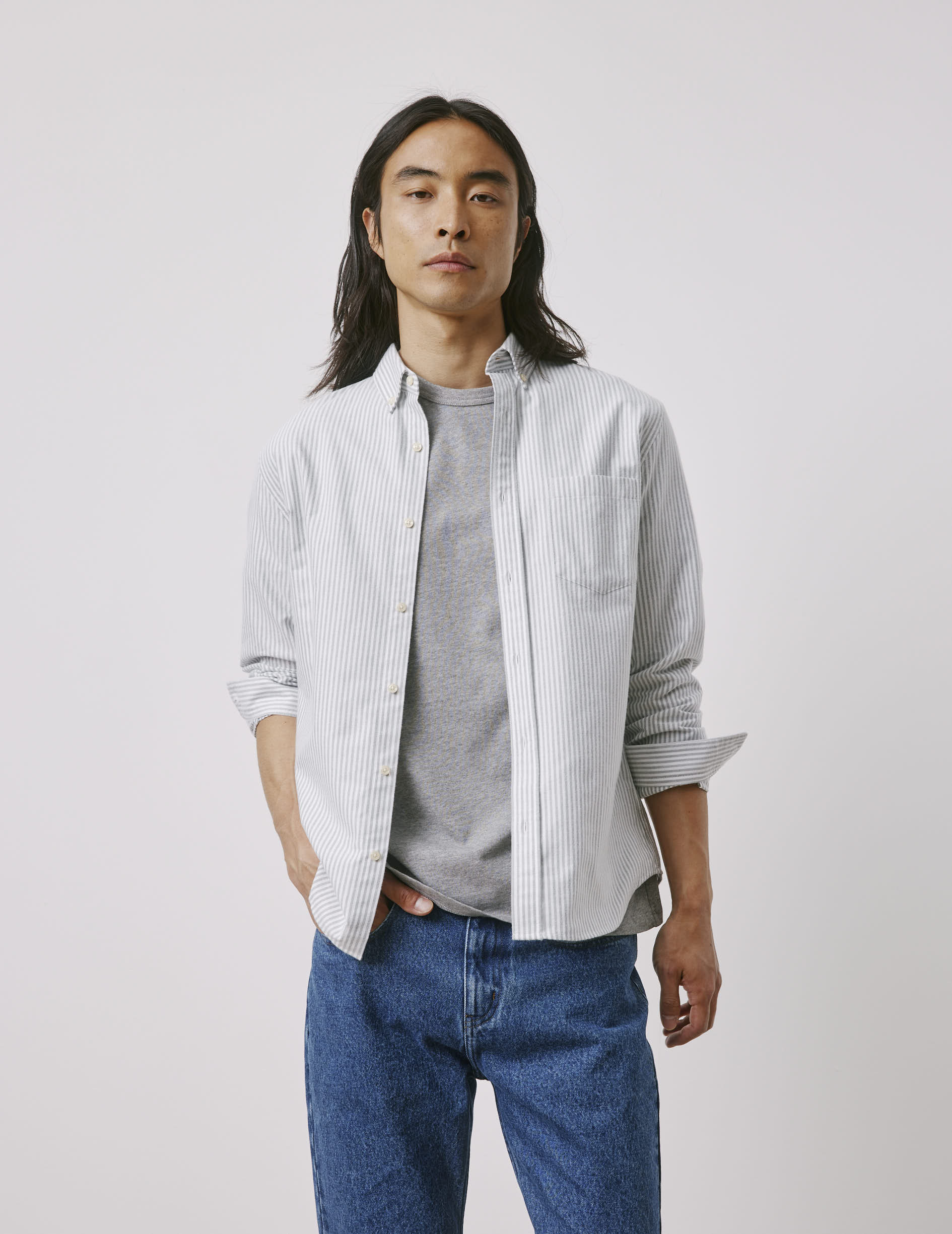 Chemise Gabriel rayée verte - Oxford gratté - Col Américain