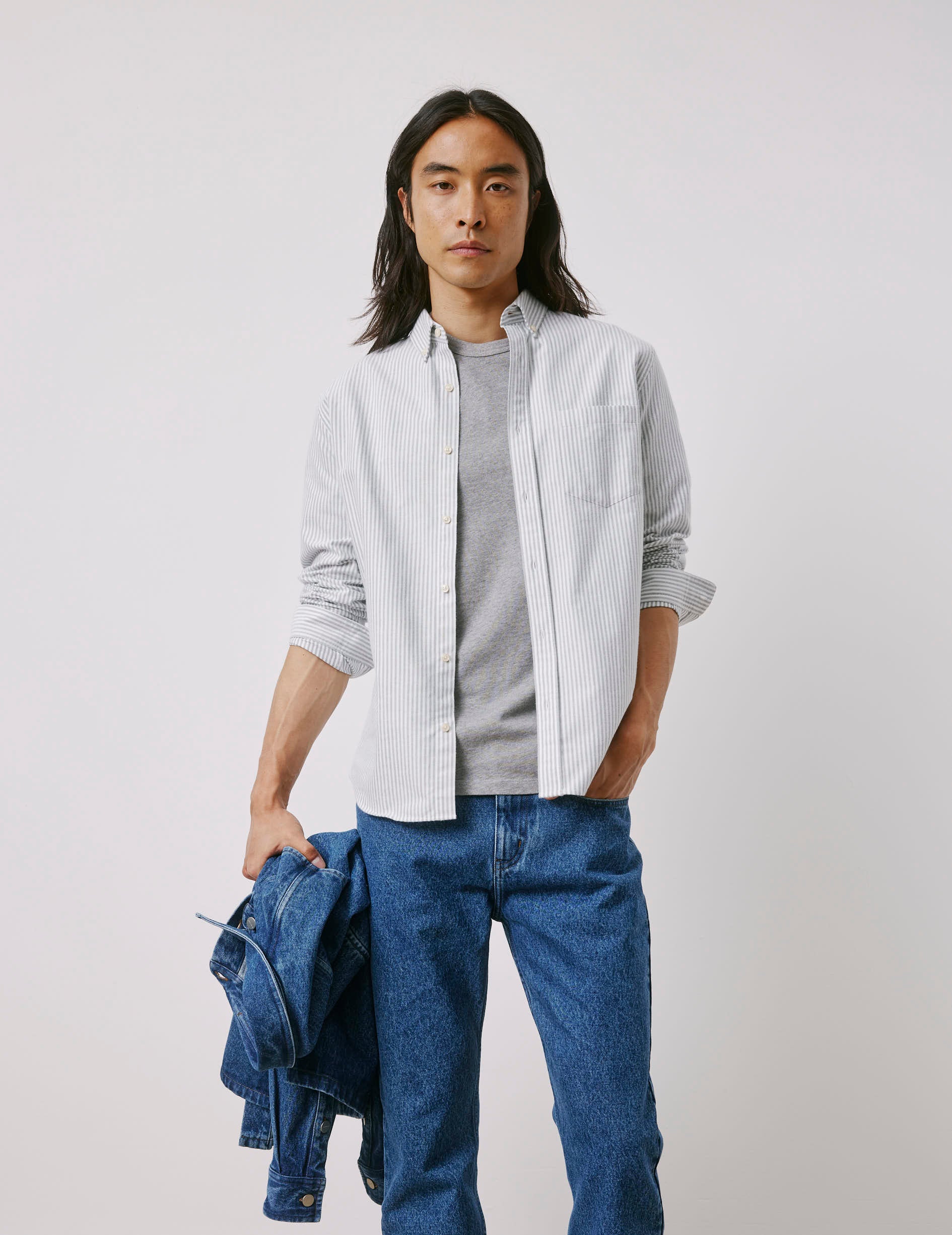 Chemise Gabriel rayée verte - Oxford gratté - Col Américain