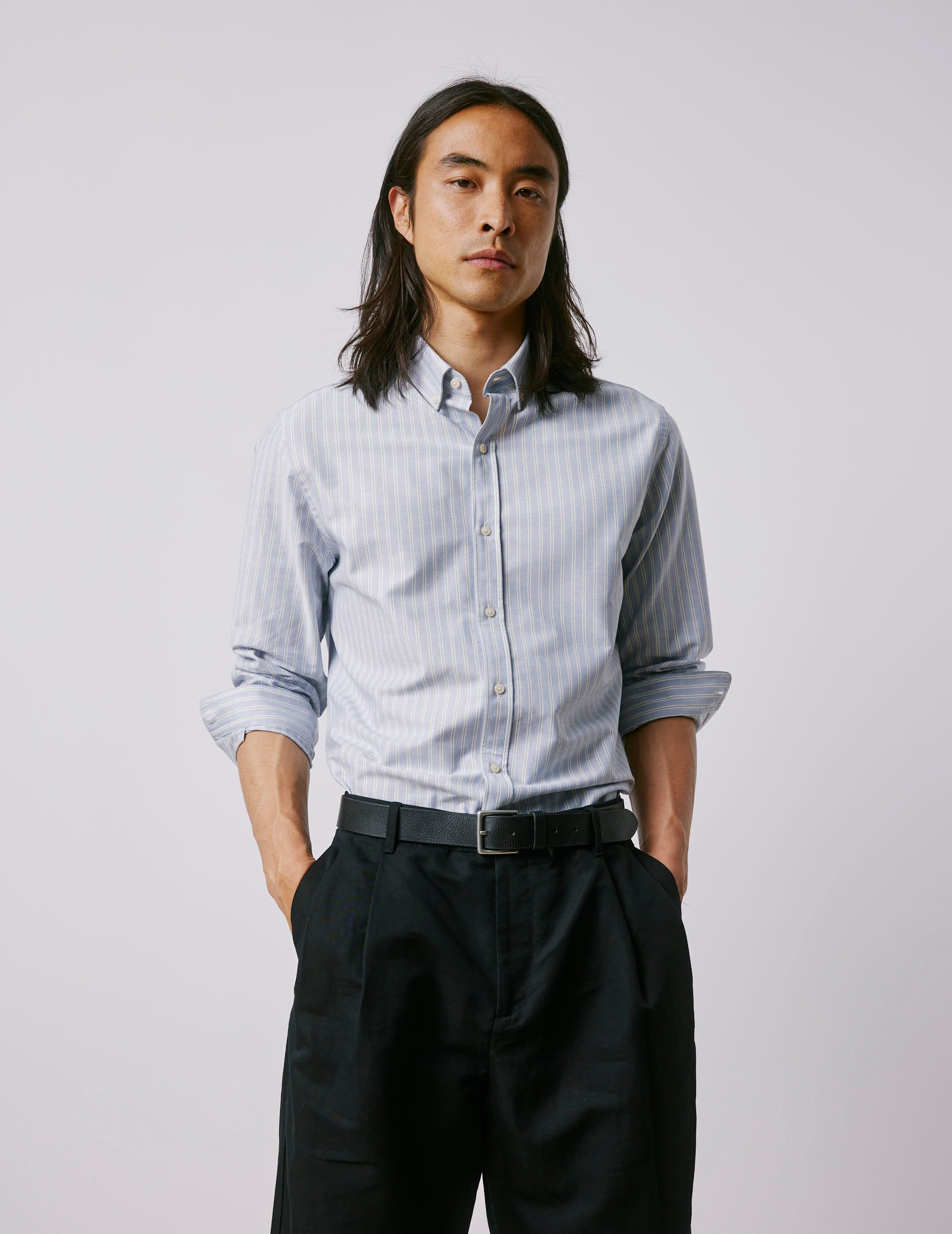 Chemise Gaspard rayée bleue - Oxford - Col Américain