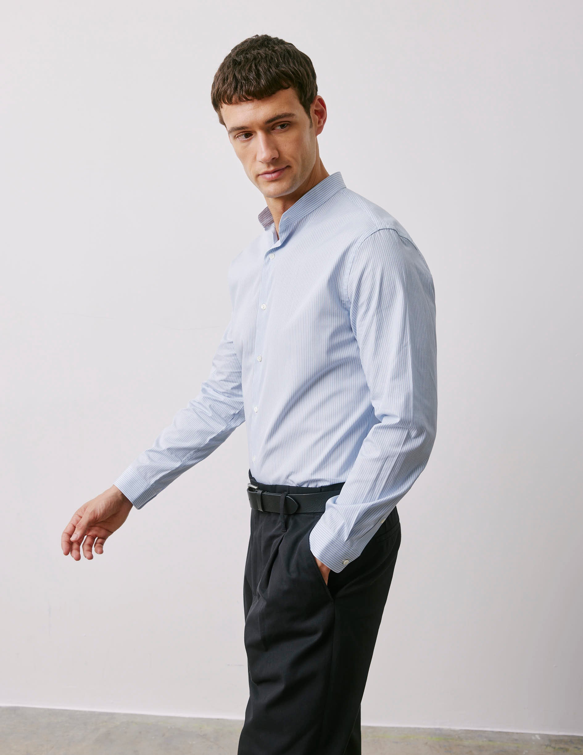 Chemise Herwin rayée bleue - Popeline - Col Officier