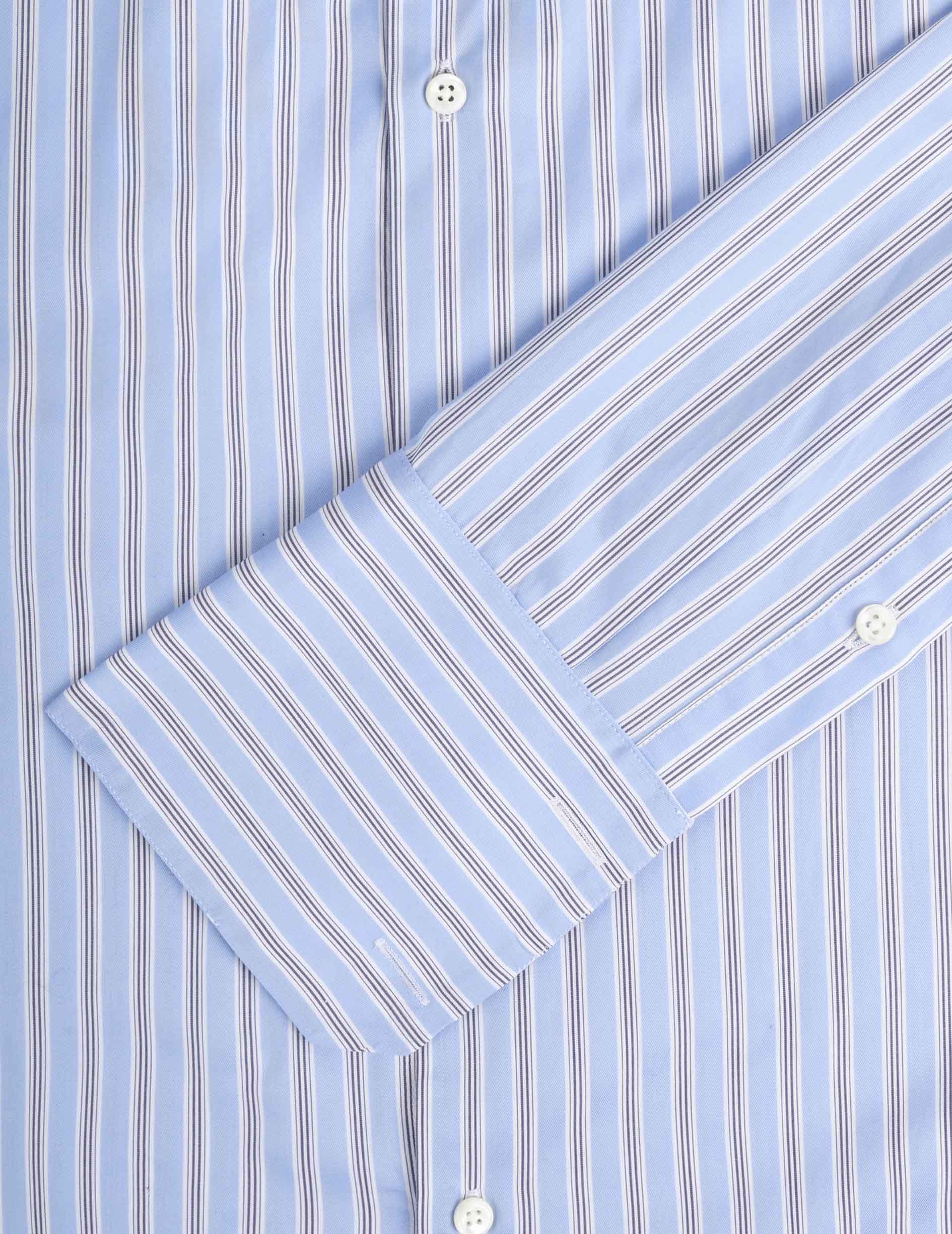 Chemise semi-ajustée rayée bleue - Twill - Col Italien - Poignets Mousquetaires