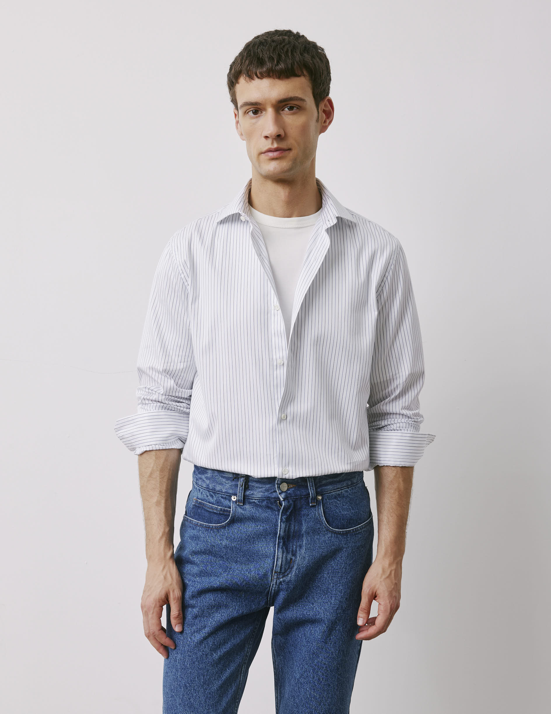 Chemise semi-ajustée rayée bleu marine - Twill - Col Italien