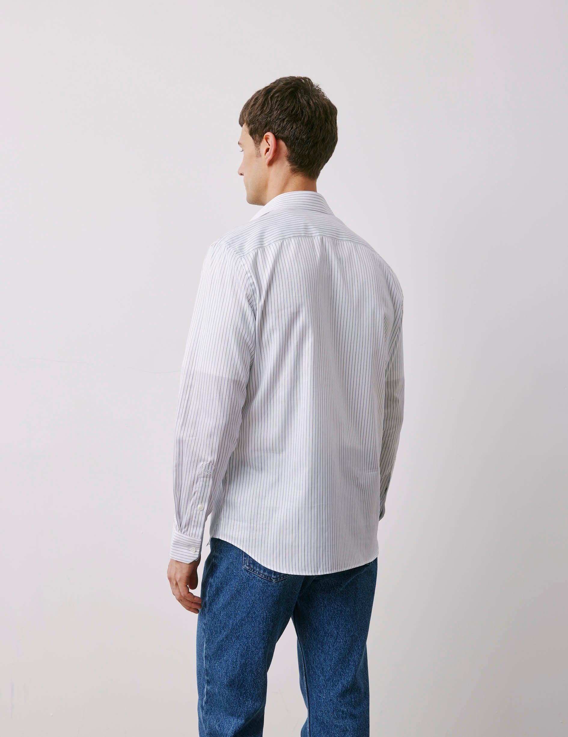 Chemise semi-ajustée rayée bleu marine - Twill - Col Italien