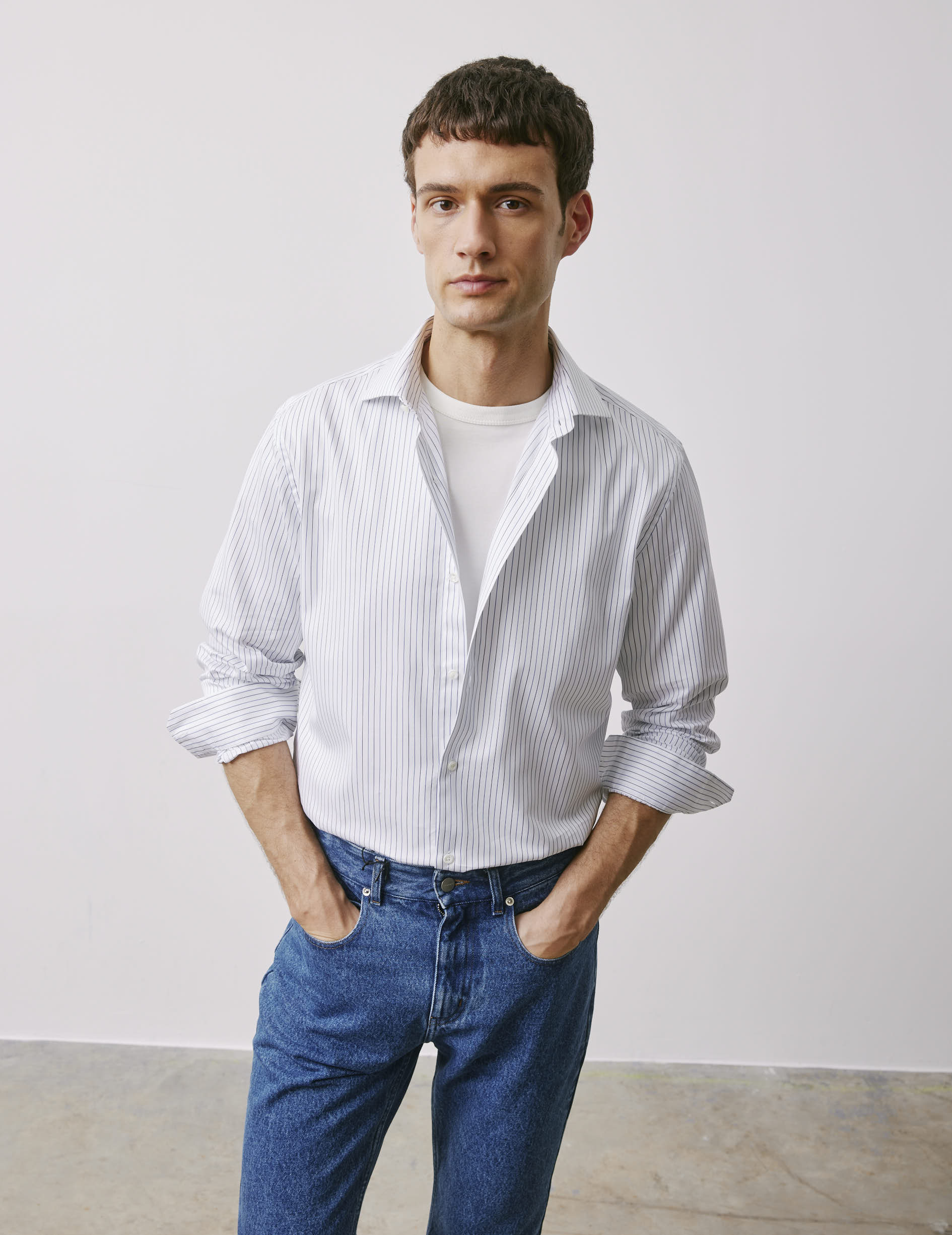 Chemise semi-ajustée rayée bleu marine - Twill - Col Italien