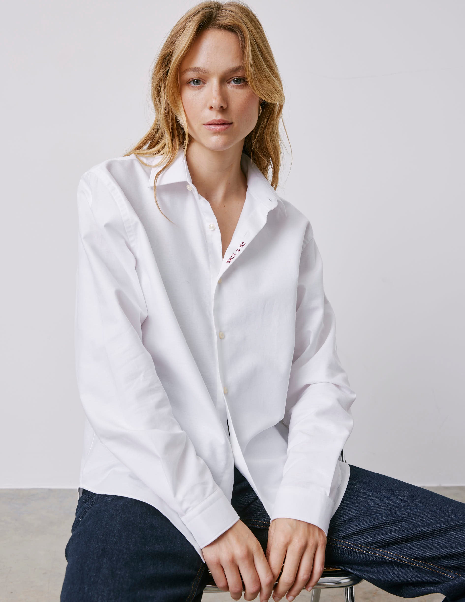 Unisex white "Je t'aime" shirt - Oxford - Figaret Collar