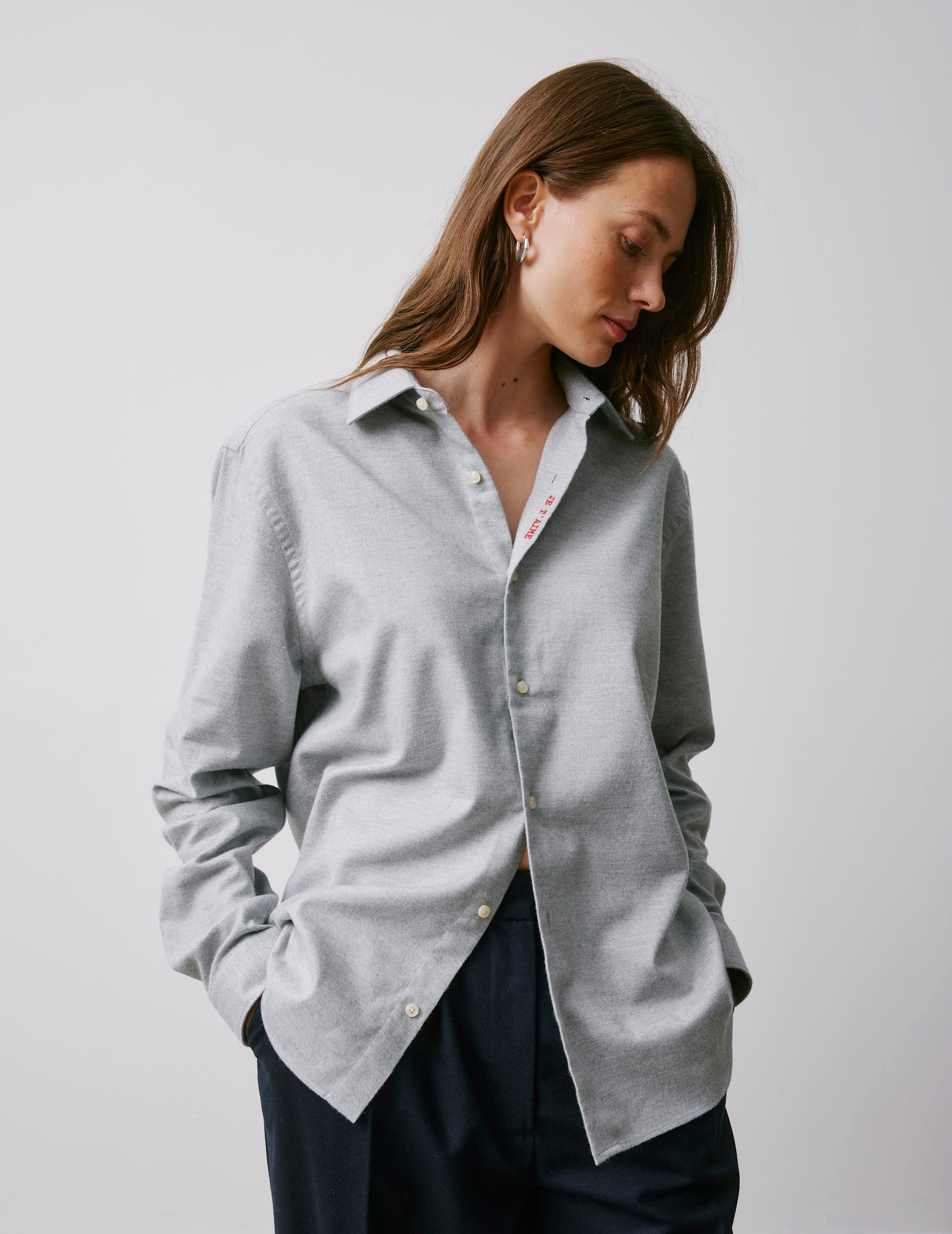 Chemise mixte "Je t'aime" grise - Flanelle - Col Figaret