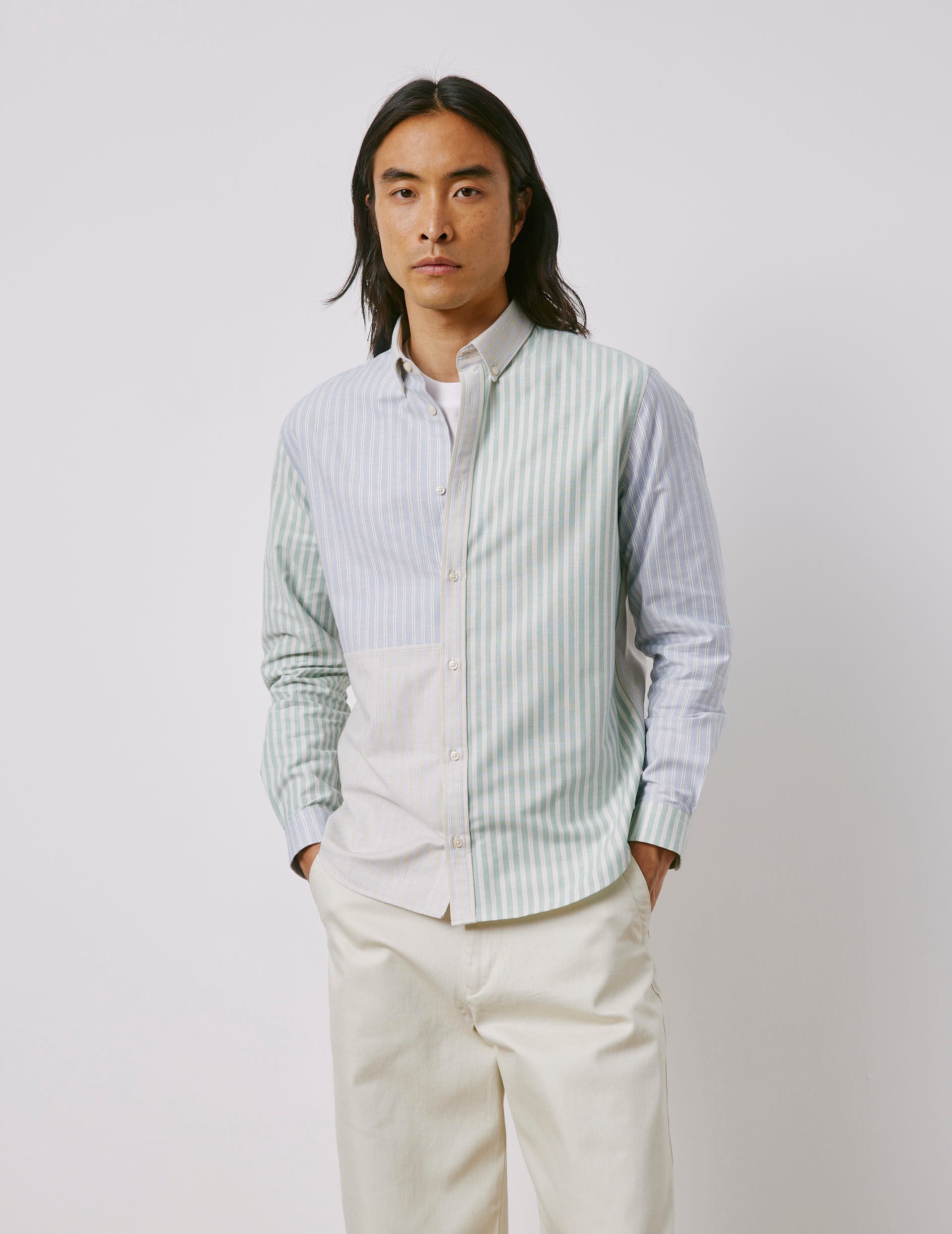 Fun shirt Marvinn rayée vert et bleu - Oxford - Col Américain