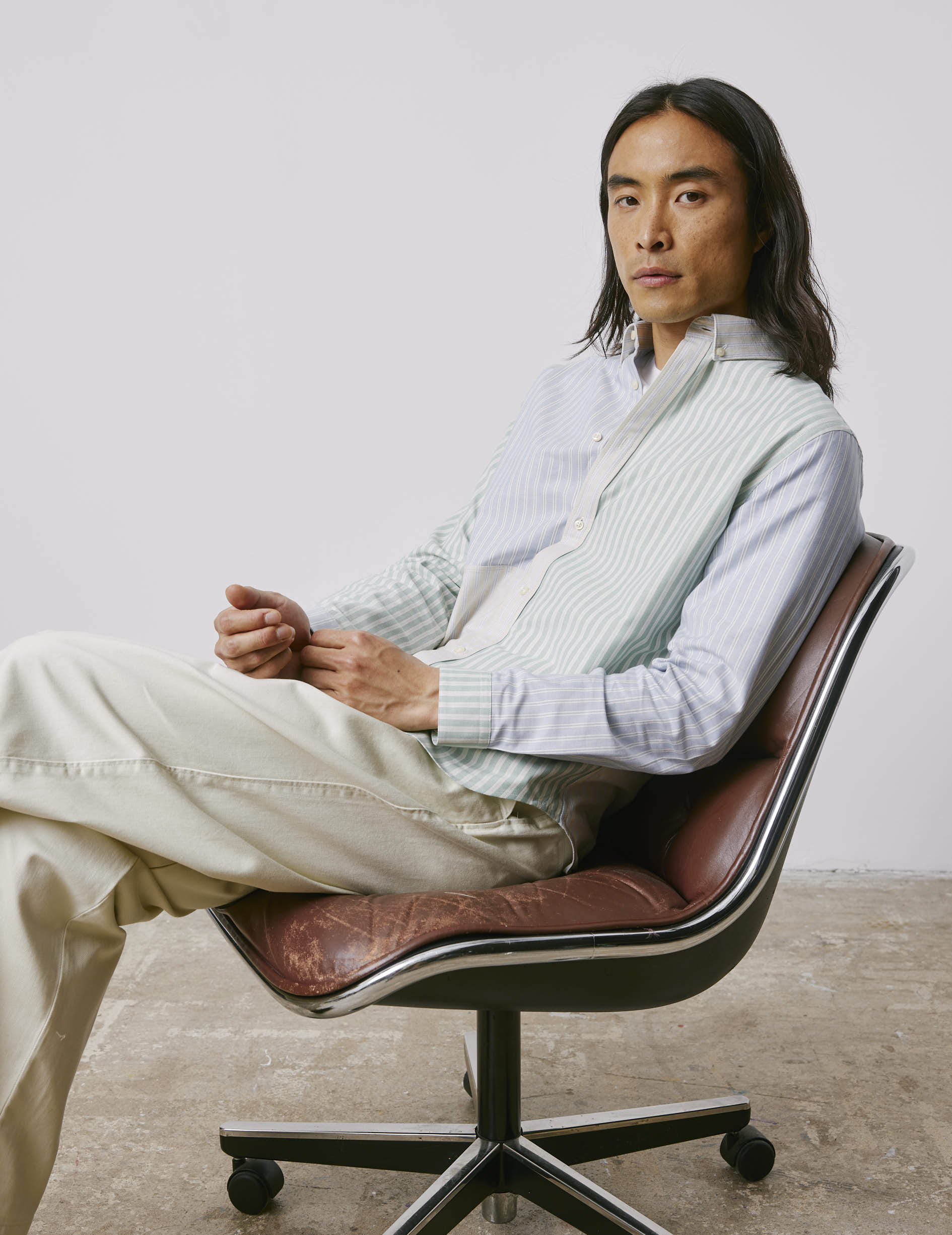 Fun shirt Marvinn rayée vert et bleu - Oxford - Col Américain