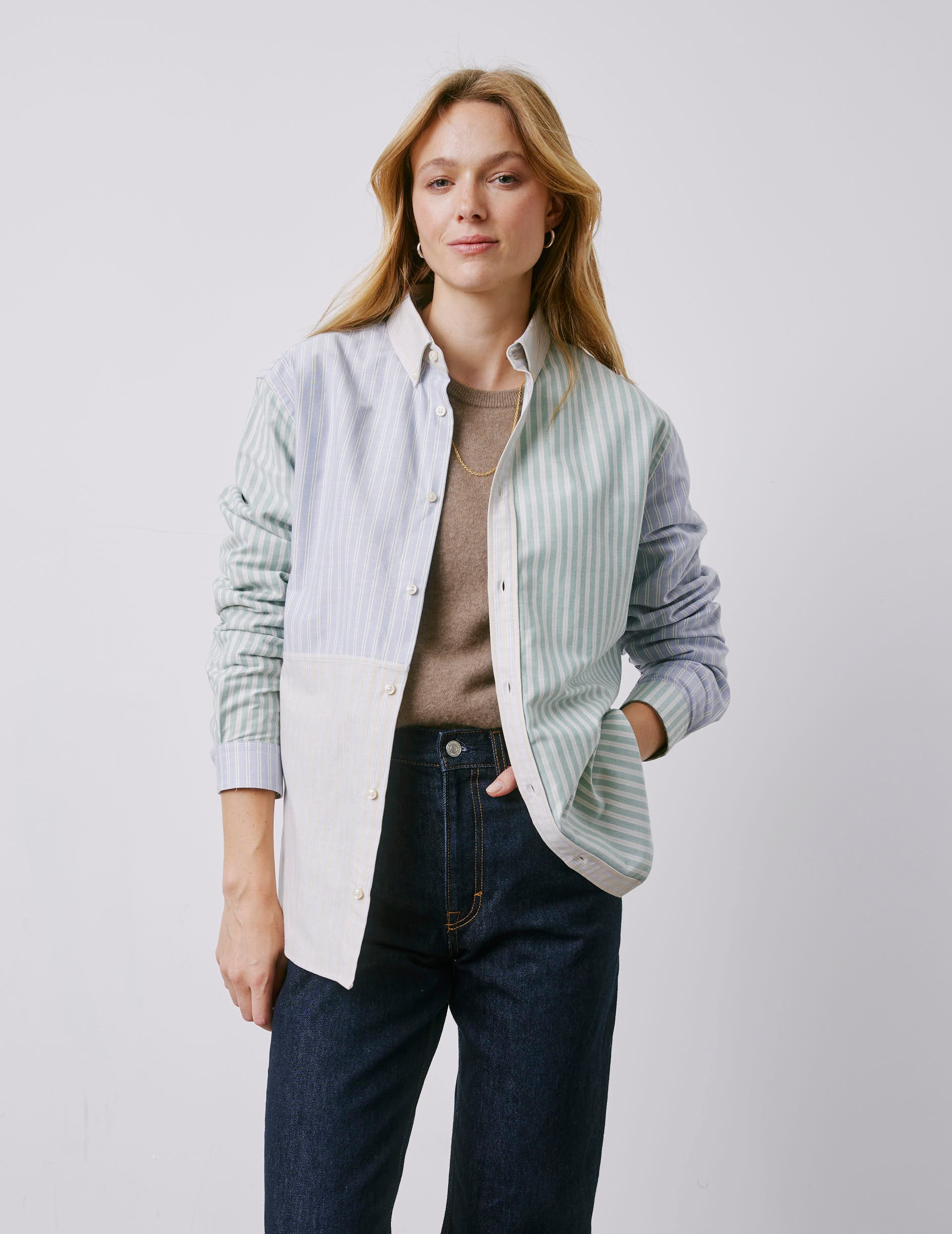 Fun shirt Marvinn rayée vert et bleu - Oxford - Col Américain