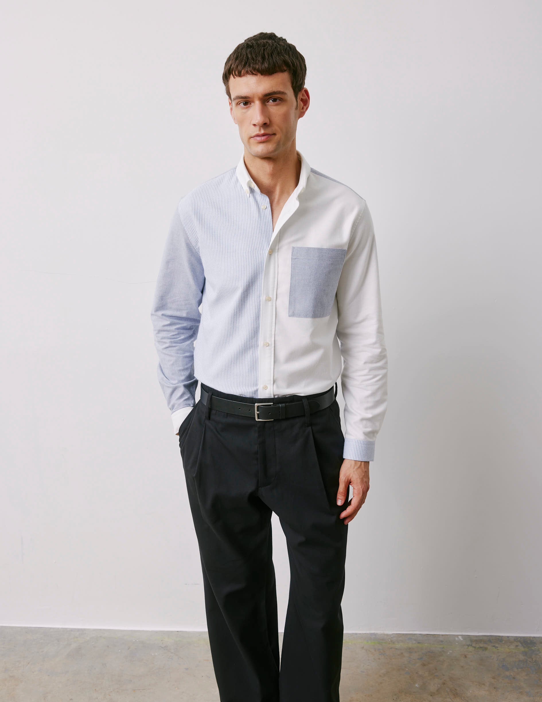 Fun shirt William rayée bleu marine - Oxford gratté - Col Américain