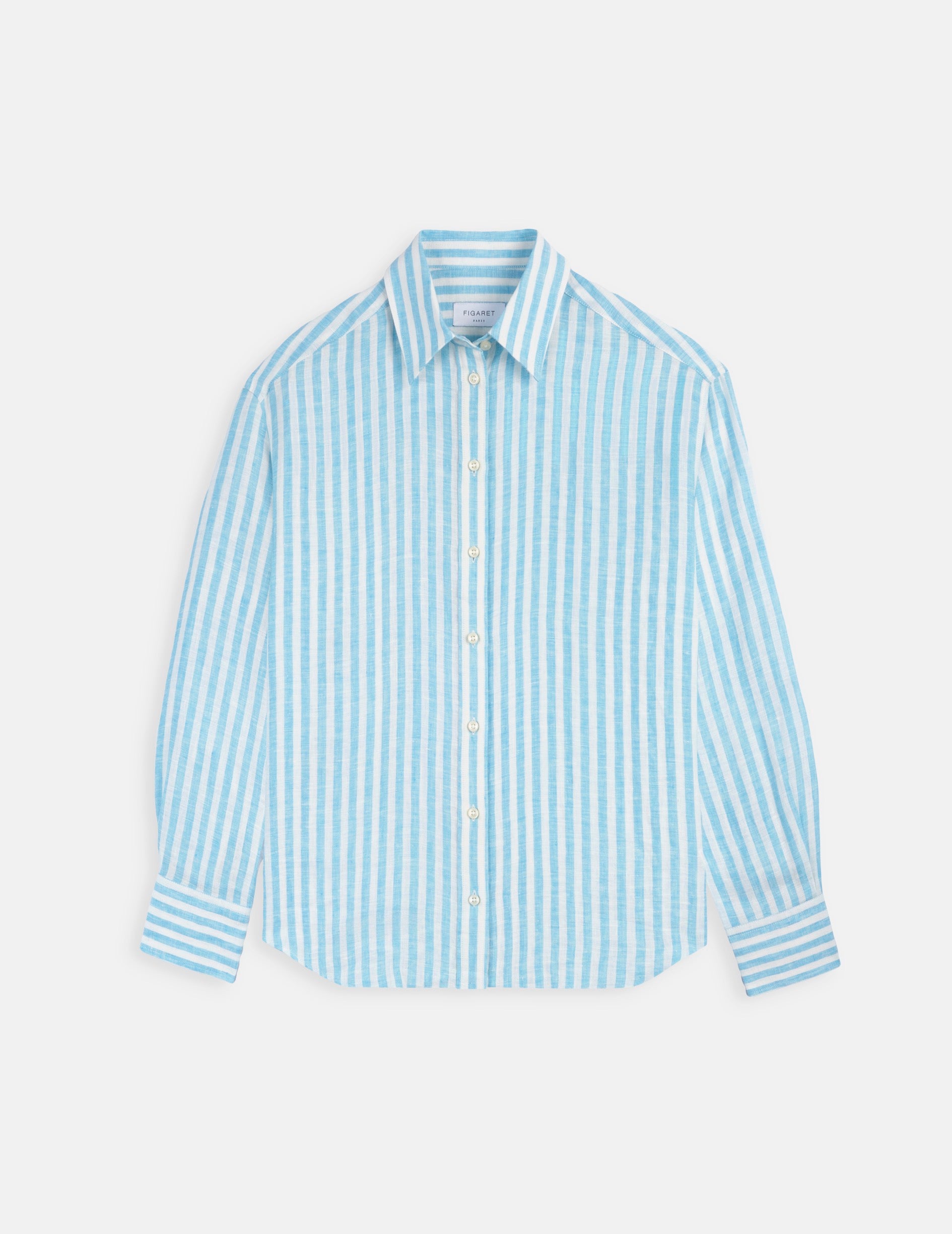 Chemise Ambre rayée en lin turquoise - Lin - Col Chemise