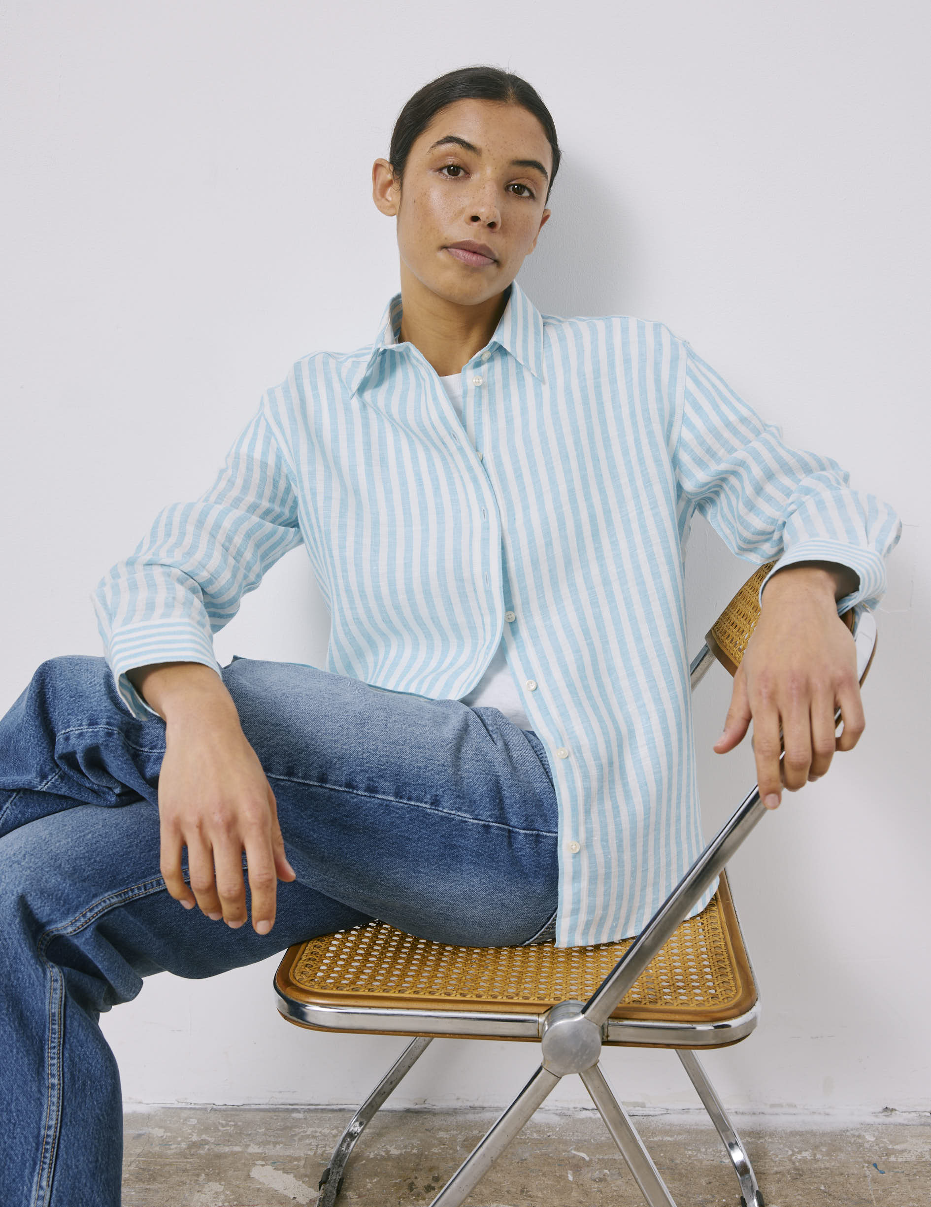 Chemise Ambre rayée en lin turquoise - Lin - Col Chemise