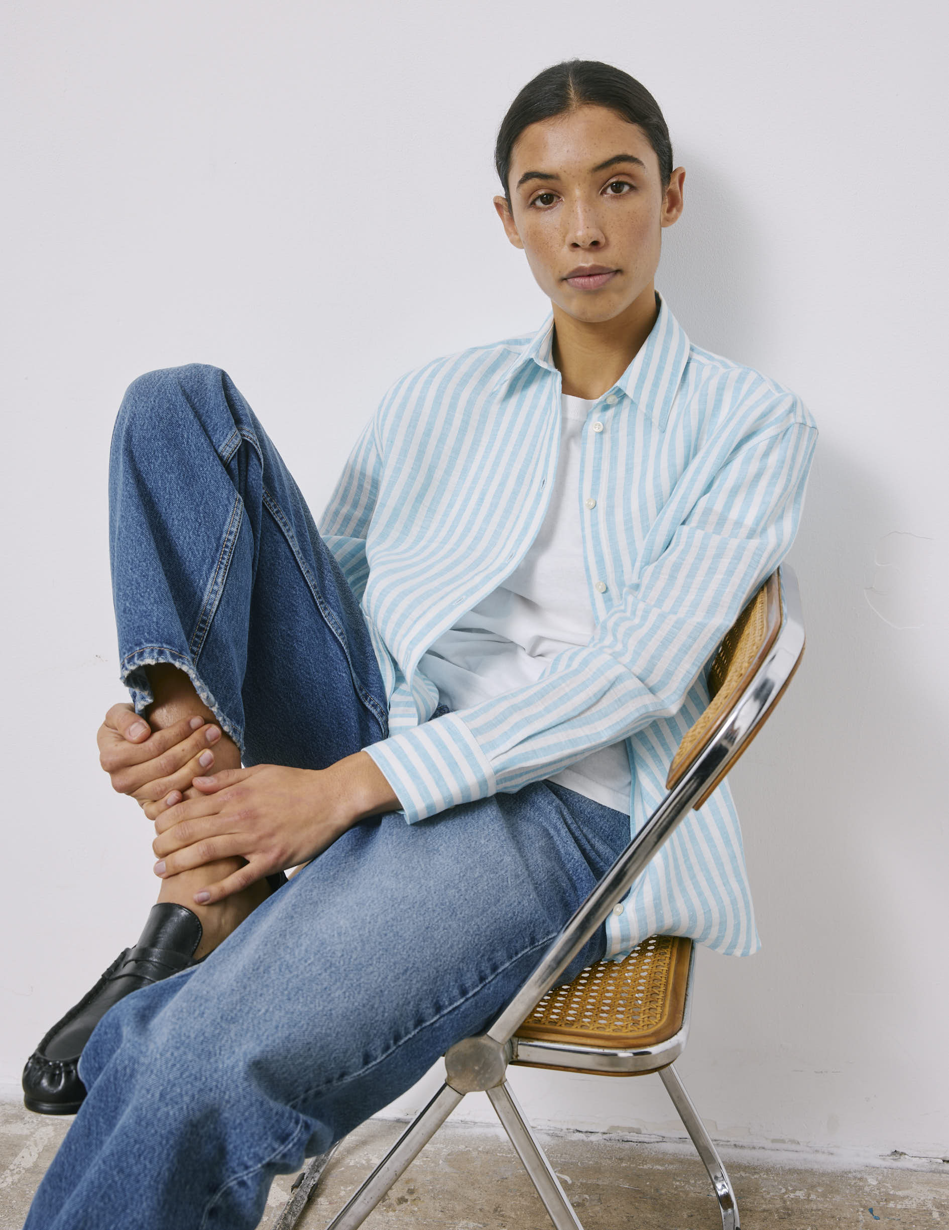 Chemise Ambre rayée en lin turquoise - Lin - Col Chemise